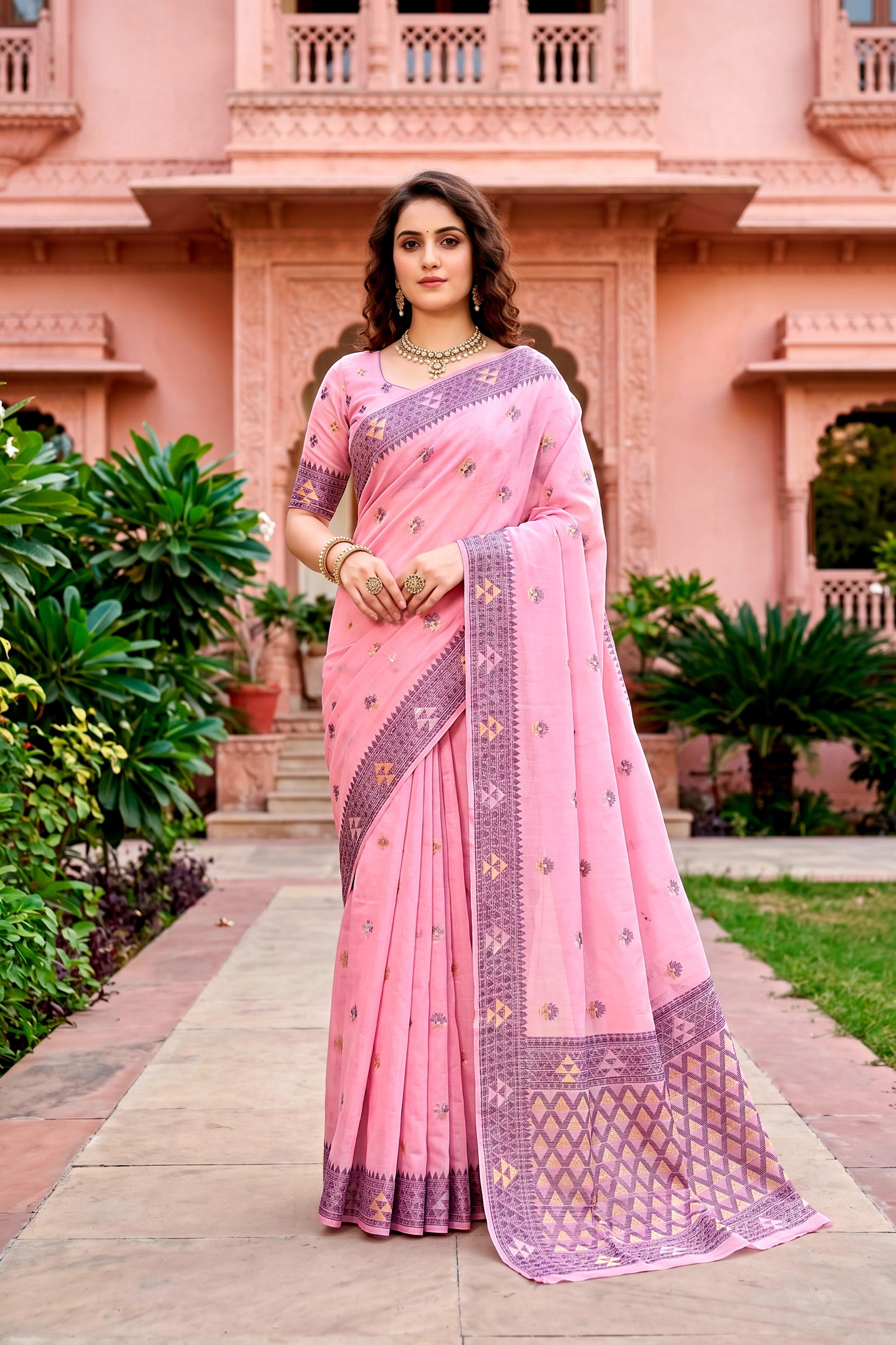 Sangam Prints Pink Cotton Blend Woven Work Traditional Saree
