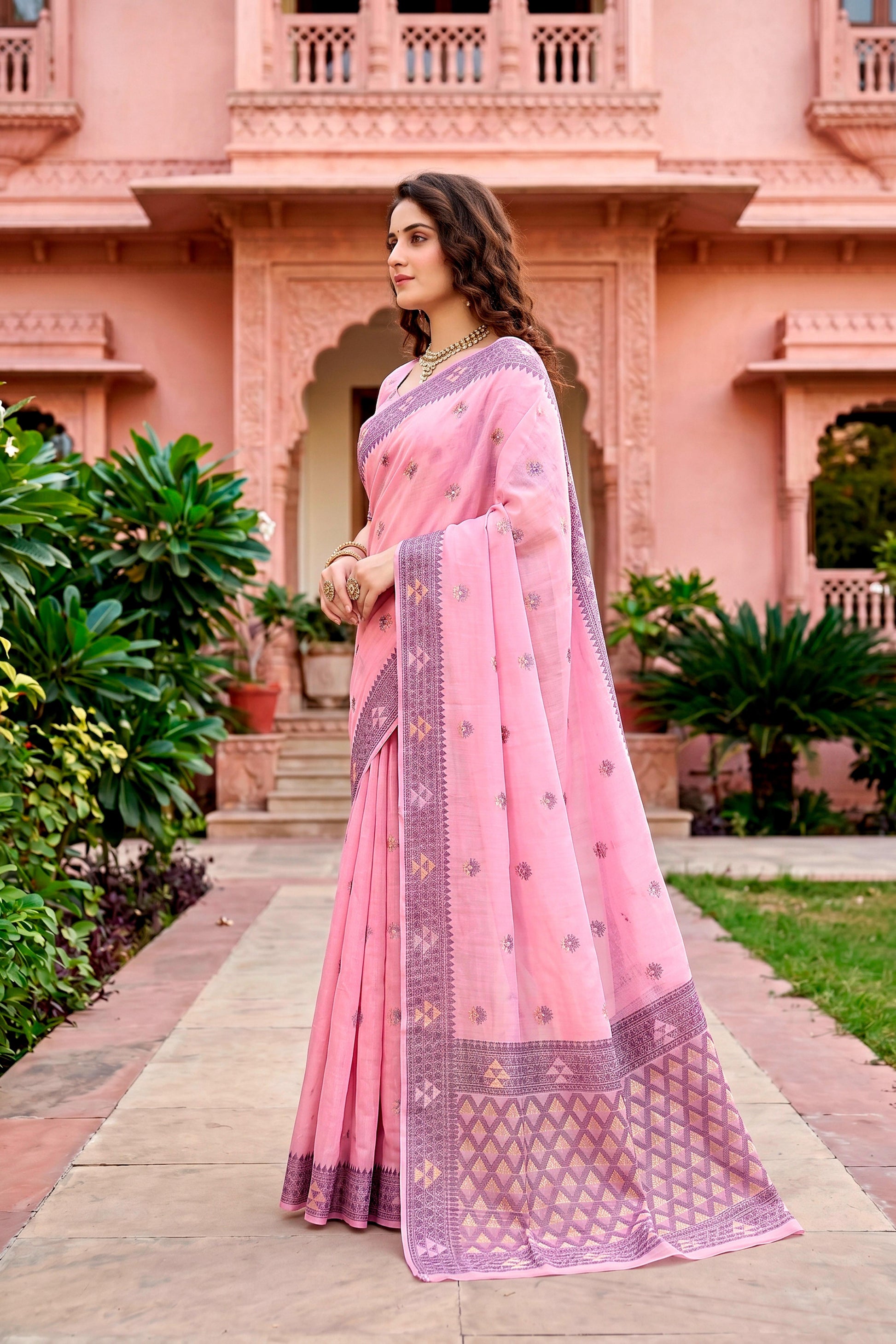 Sangam Prints Pink Cotton Blend Woven Work Traditional Saree