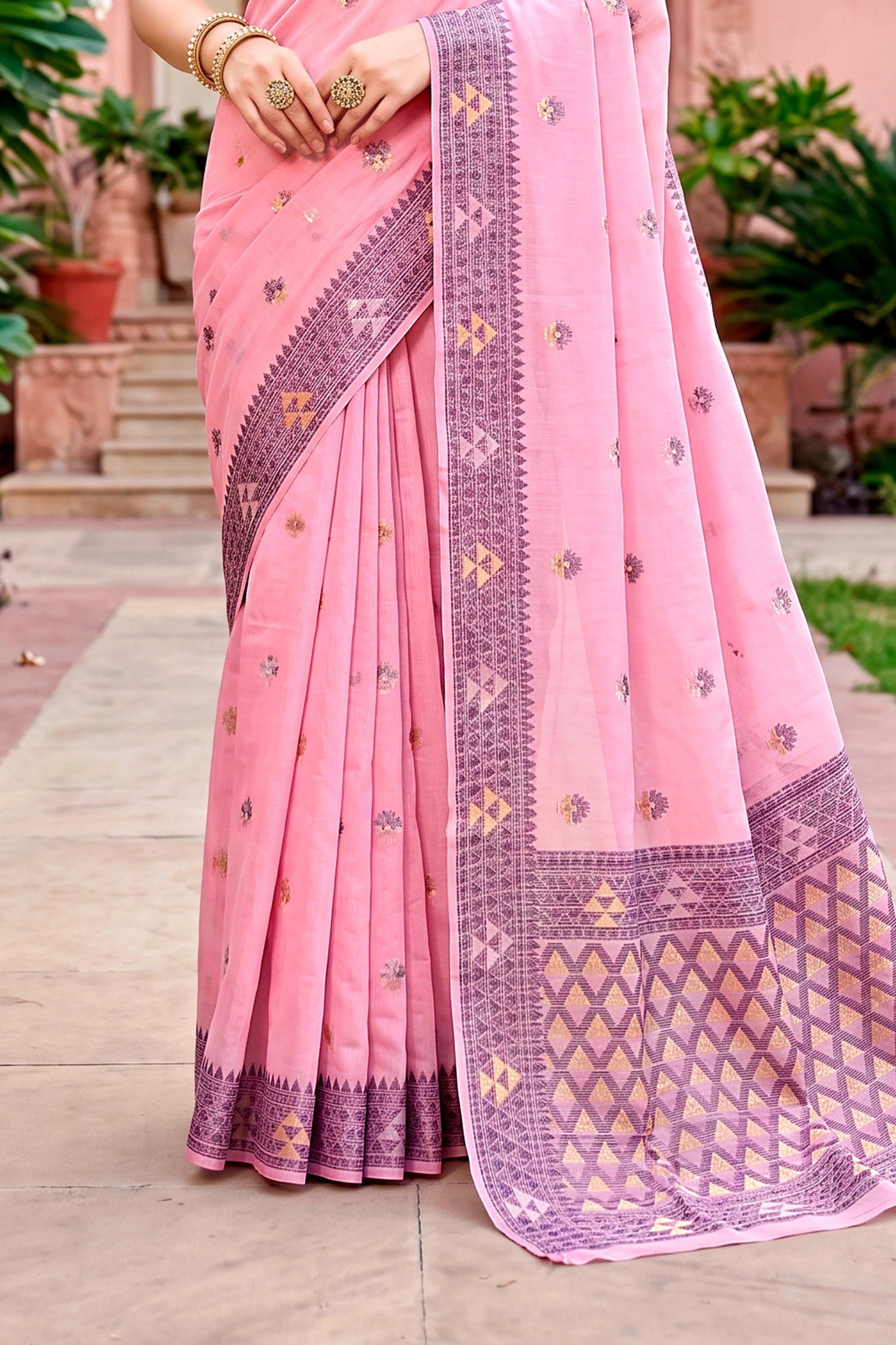 Sangam Prints Pink Cotton Blend Woven Work Traditional Saree