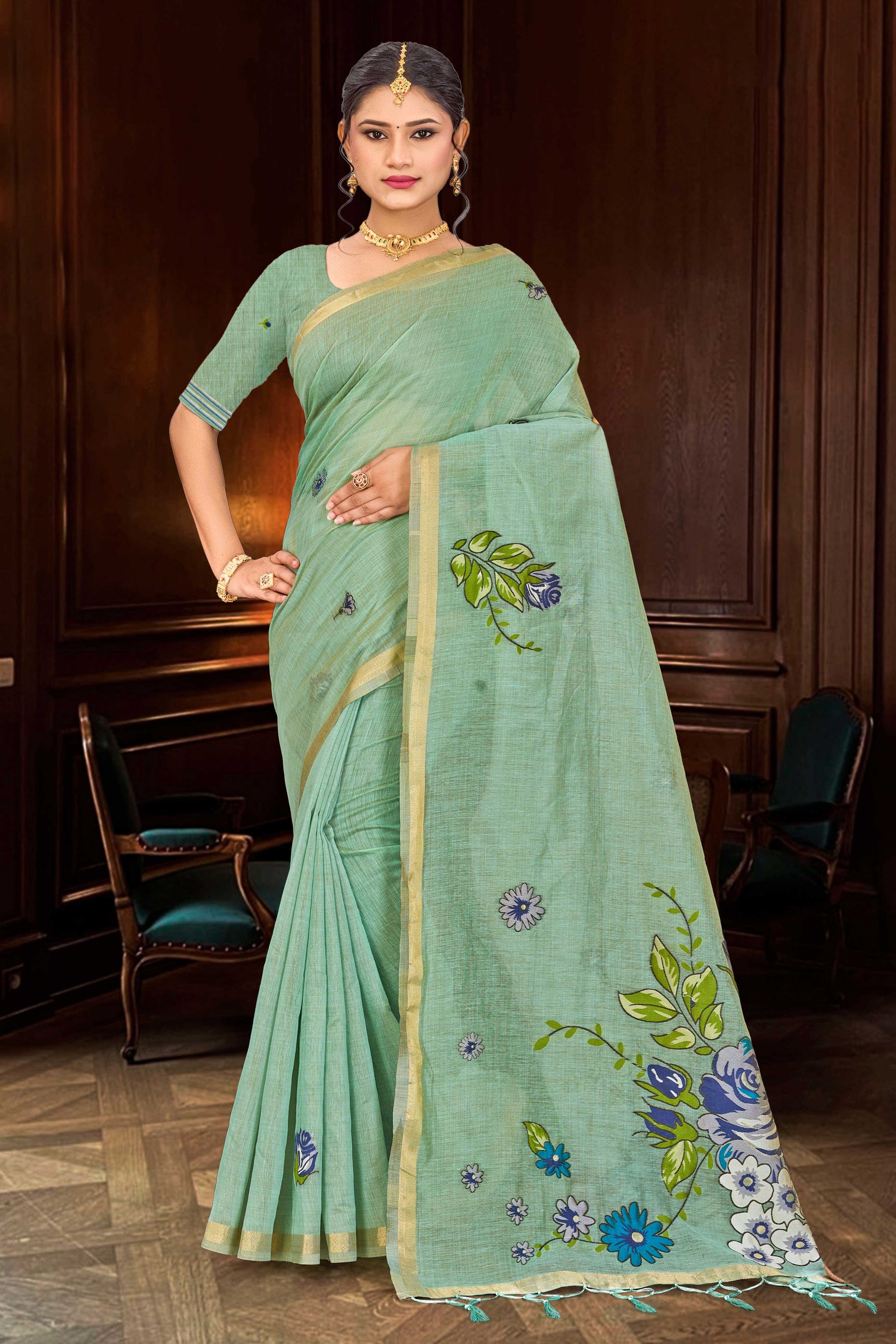 Sangam Prints Mint Green Cotton Blend Woven Work Traditional Saree