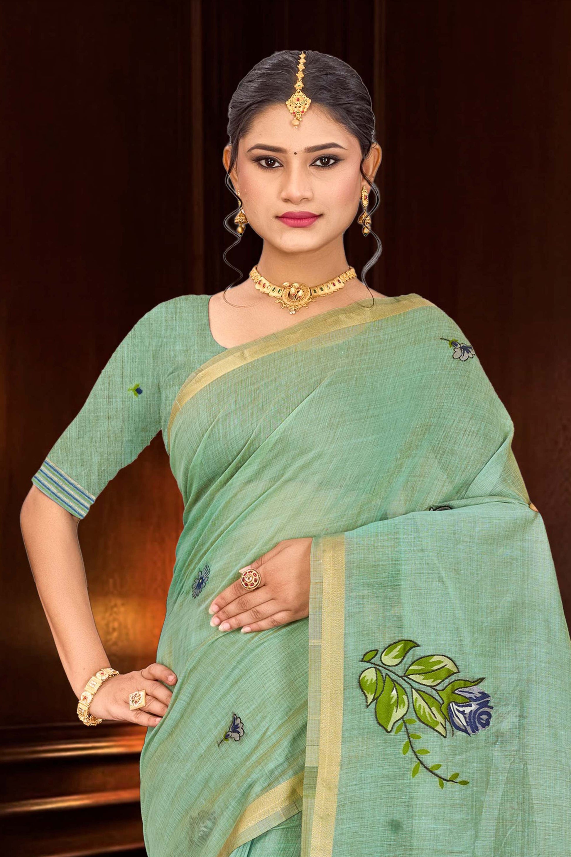 Sangam Prints Mint Green Cotton Blend Woven Work Traditional Saree
