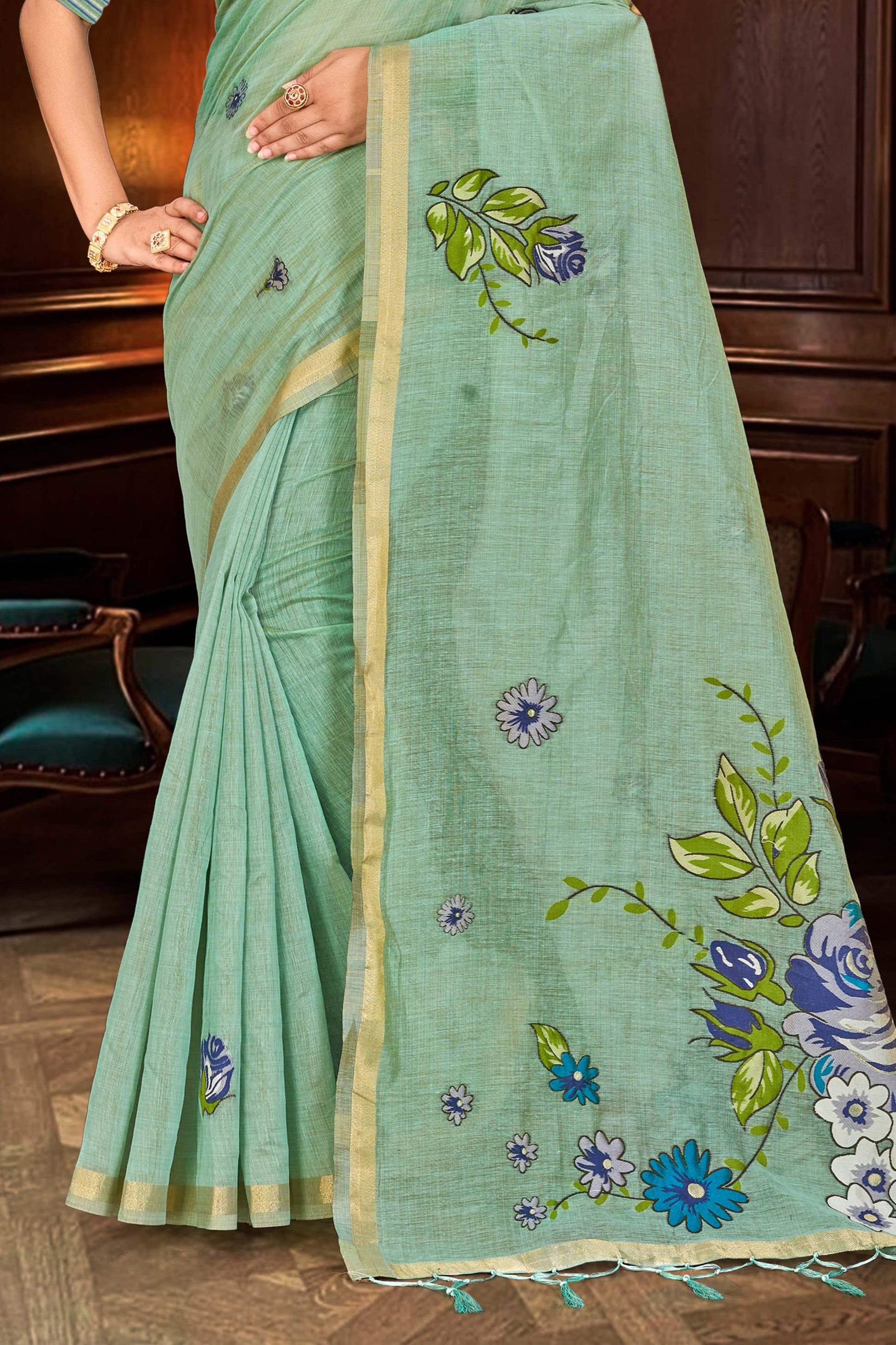 Sangam Prints Mint Green Cotton Blend Woven Work Traditional Saree