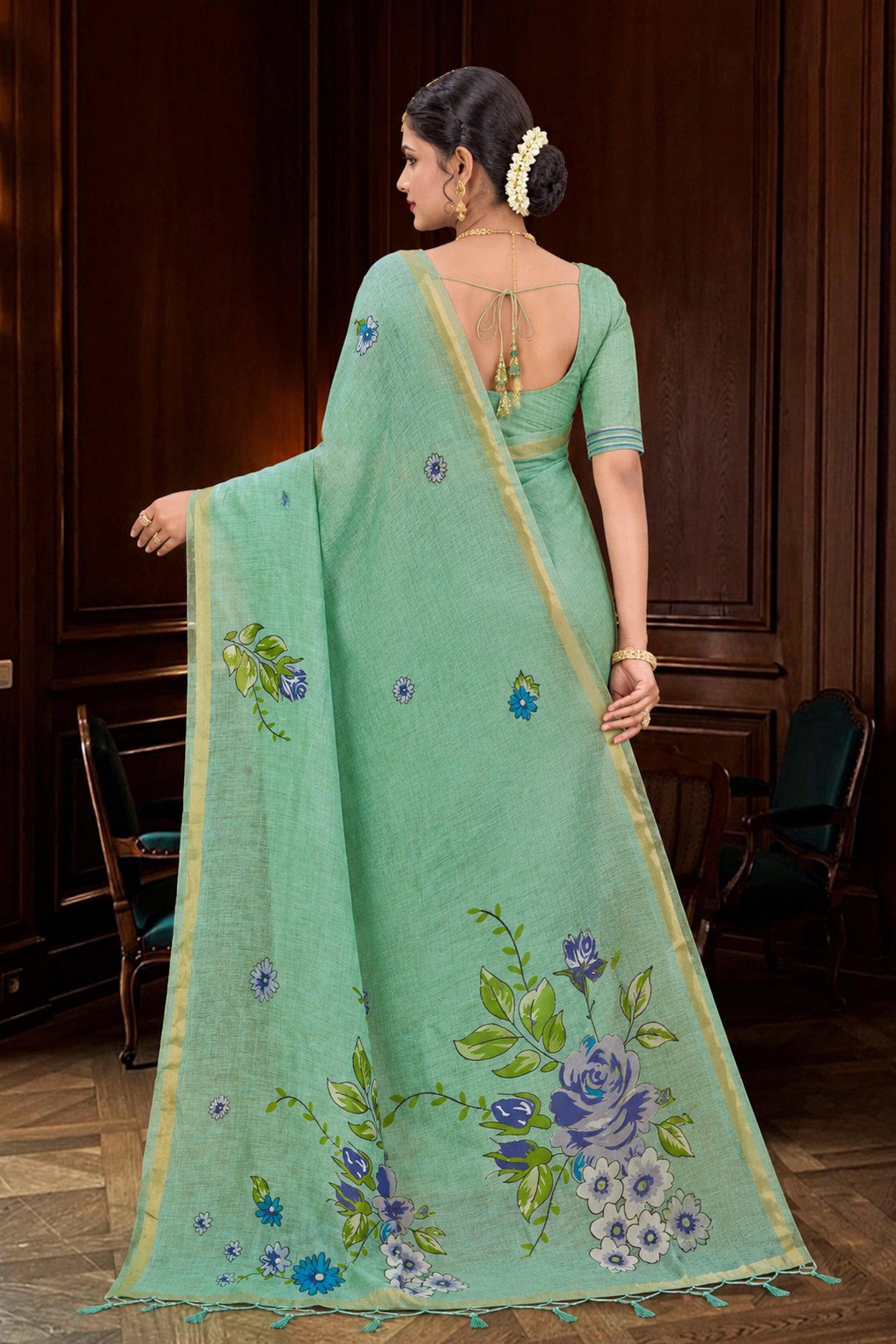 Sangam Prints Mint Green Cotton Blend Woven Work Traditional Saree