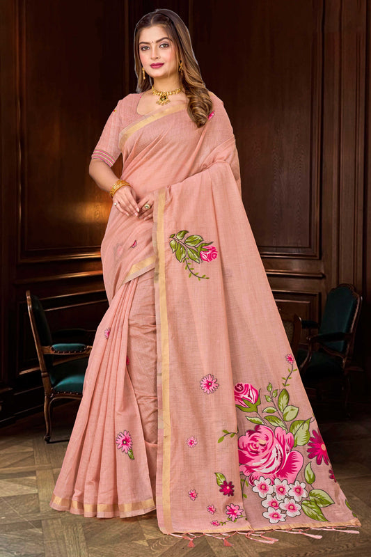 Sangam Prints Dusty Peach Cotton Blend Woven Work Traditional Saree