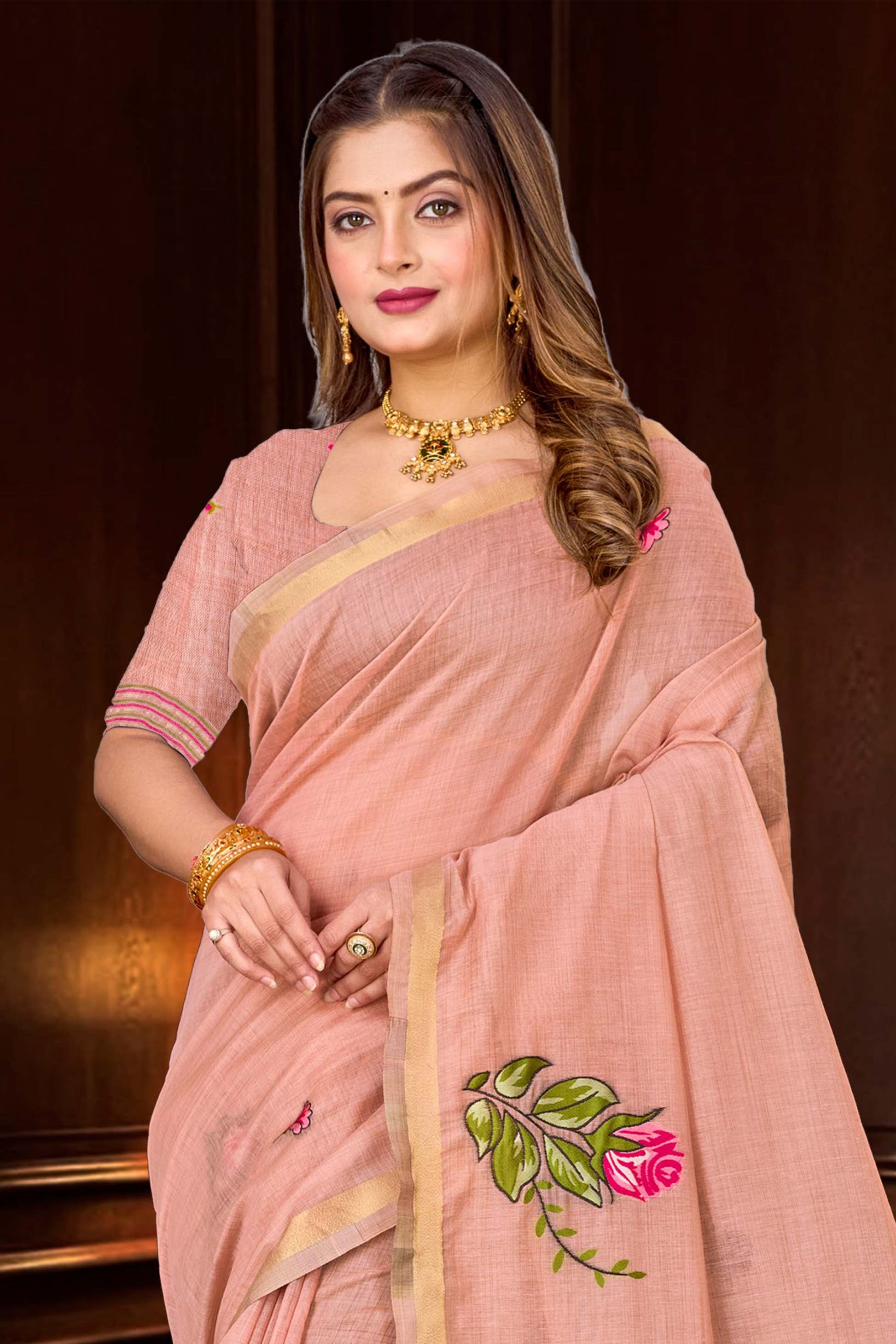 Sangam Prints Dusty Peach Cotton Blend Woven Work Traditional Saree