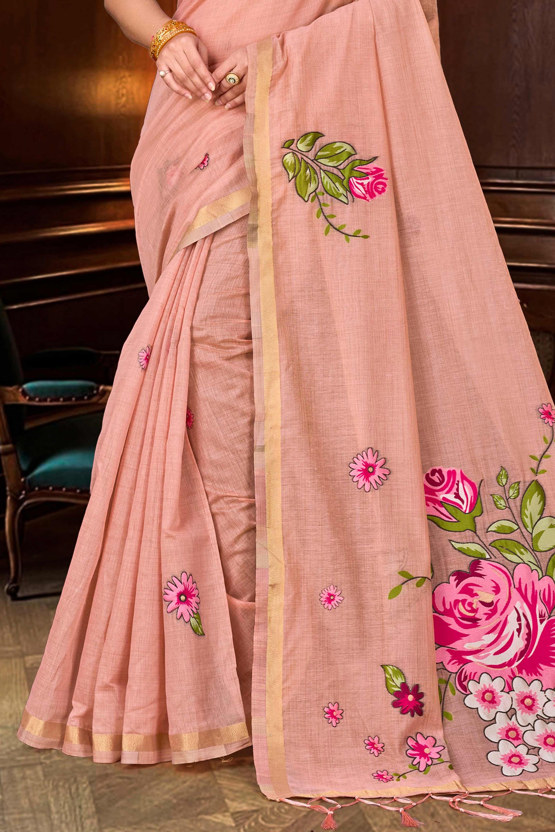 Sangam Prints Dusty Peach Cotton Blend Woven Work Traditional Saree