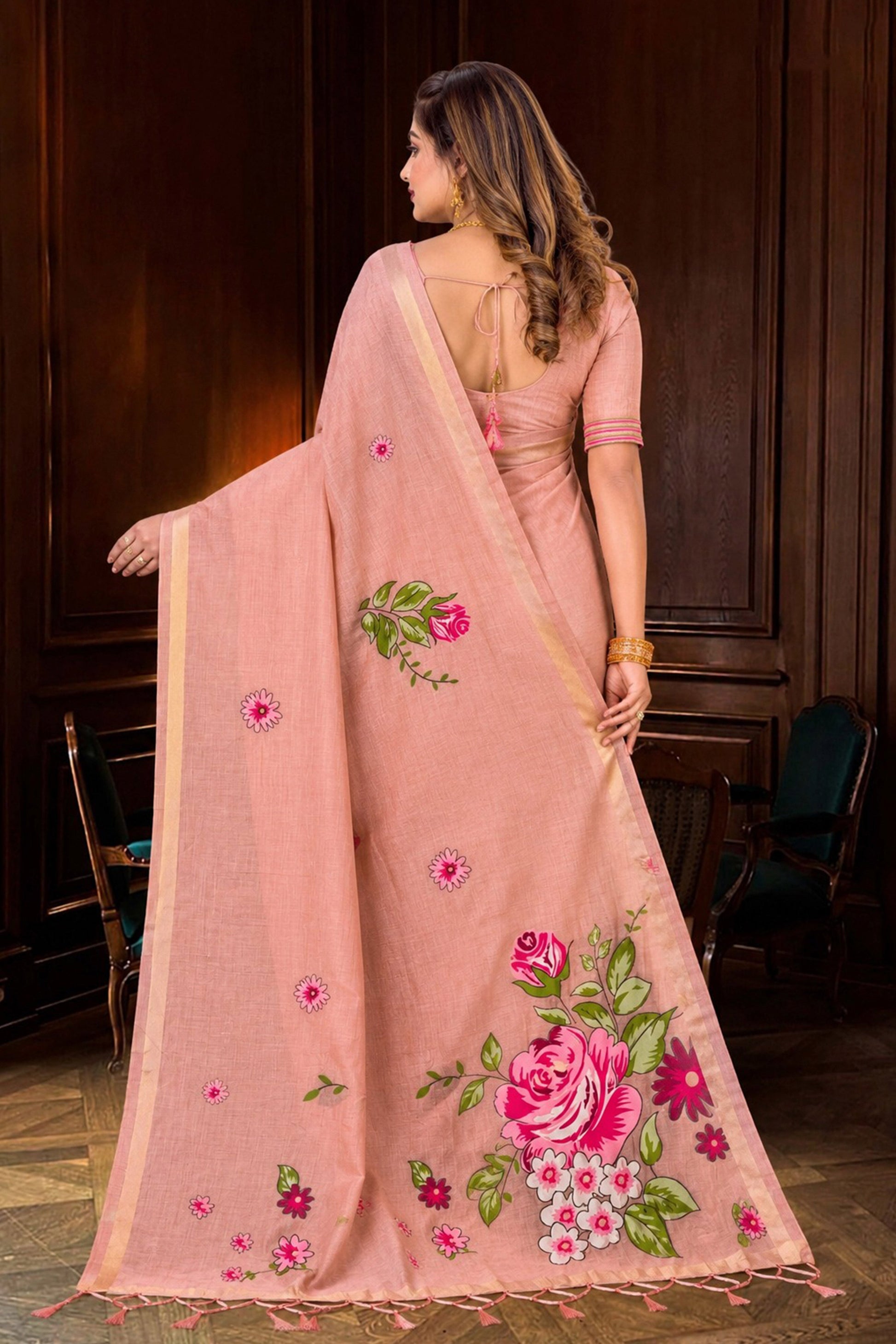 Sangam Prints Dusty Peach Cotton Blend Woven Work Traditional Saree