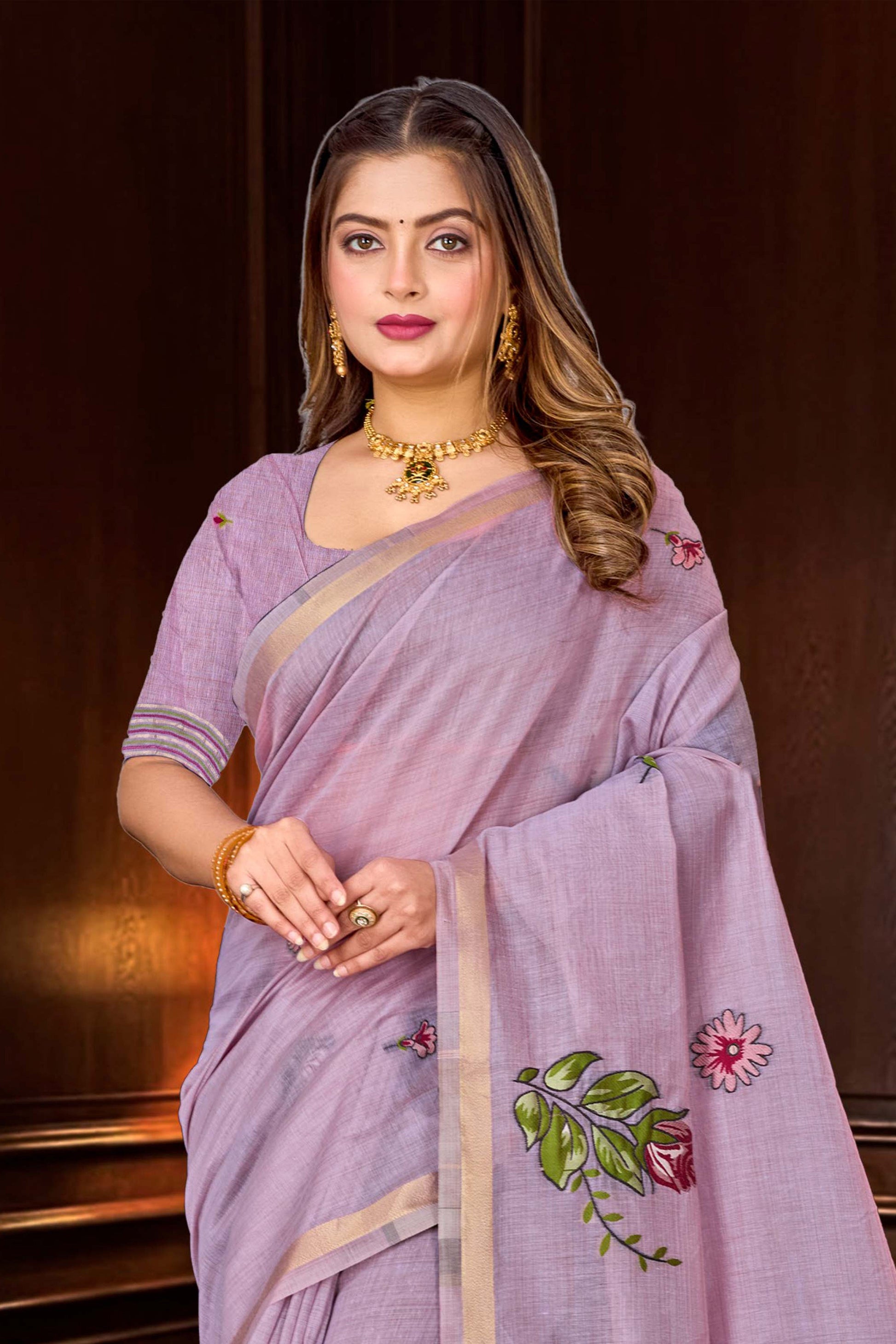 Sangam Prints Lavender Cotton Blend Woven Work Traditional Saree
