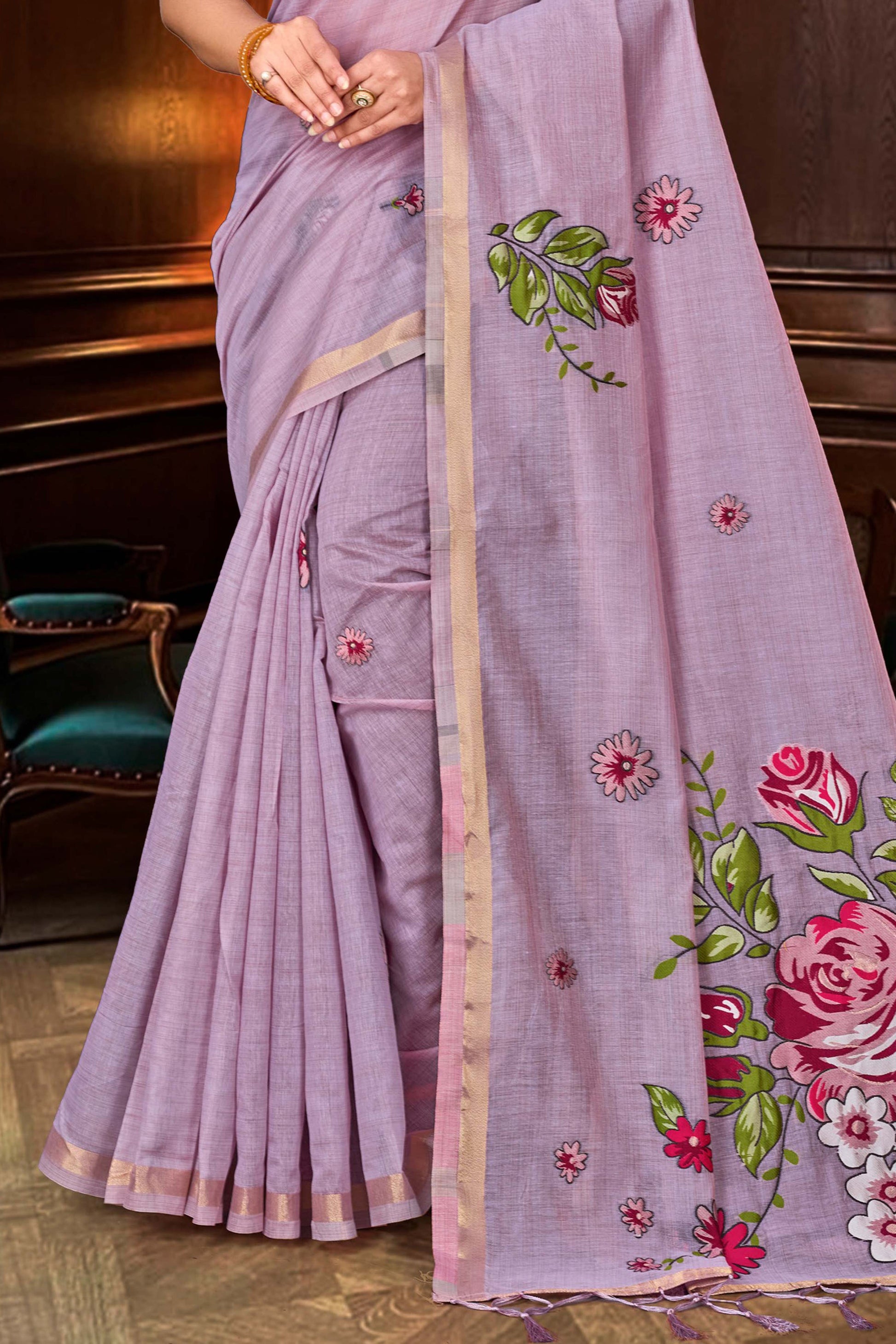 Sangam Prints Lavender Cotton Blend Woven Work Traditional Saree