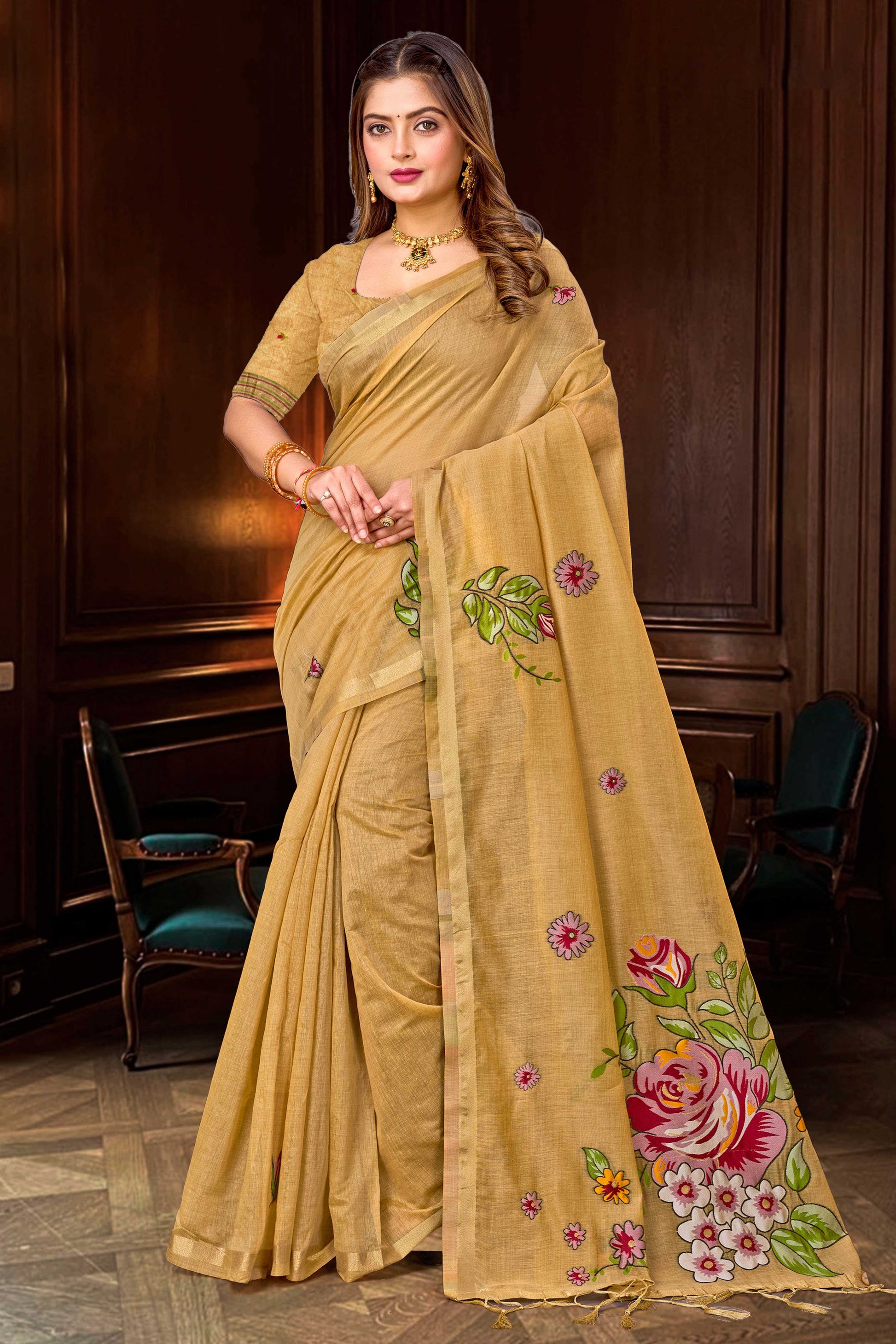 Sangam Prints Beige Gold Cotton Blend Woven Work Traditional Saree