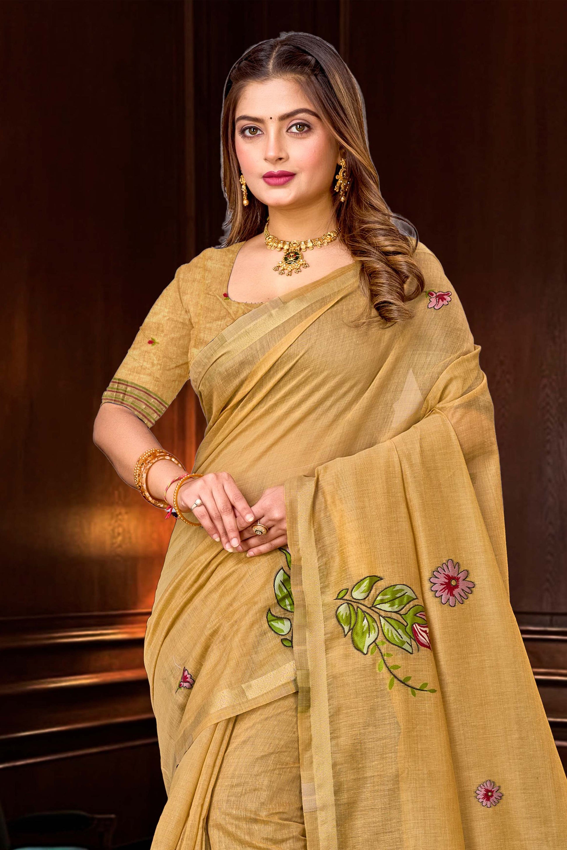 Sangam Prints Beige Gold Cotton Blend Woven Work Traditional Saree