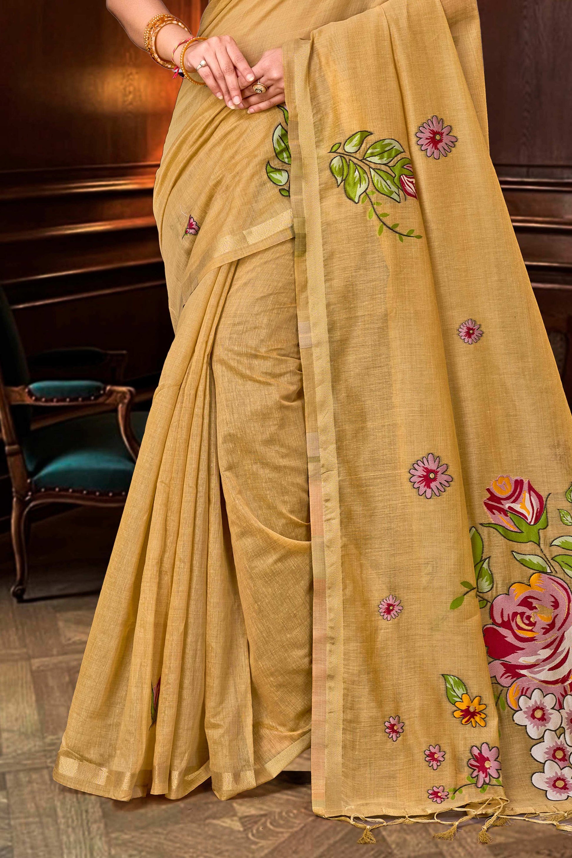 Sangam Prints Beige Gold Cotton Blend Woven Work Traditional Saree