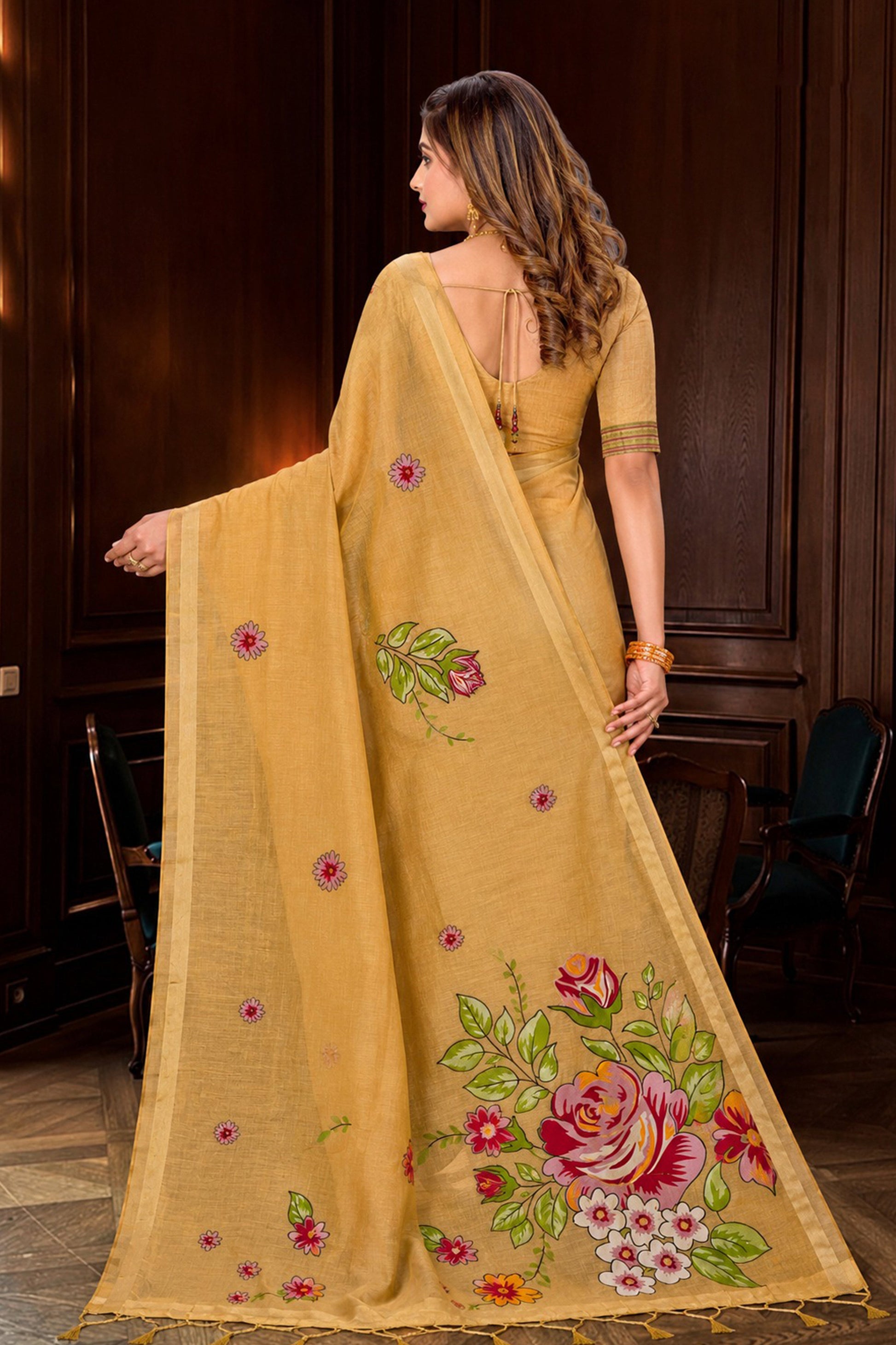Sangam Prints Beige Gold Cotton Blend Woven Work Traditional Saree