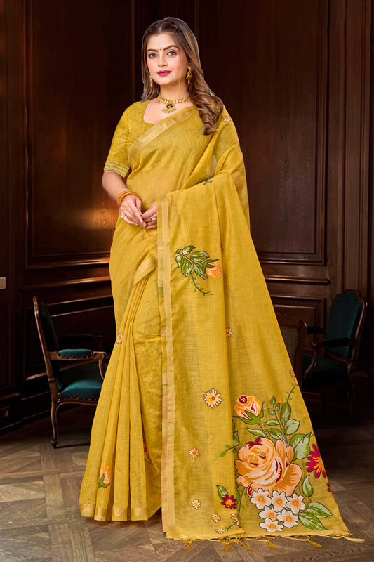 Sangam Prints Haldi Yellow Cotton Blend Woven Work Traditional Saree
