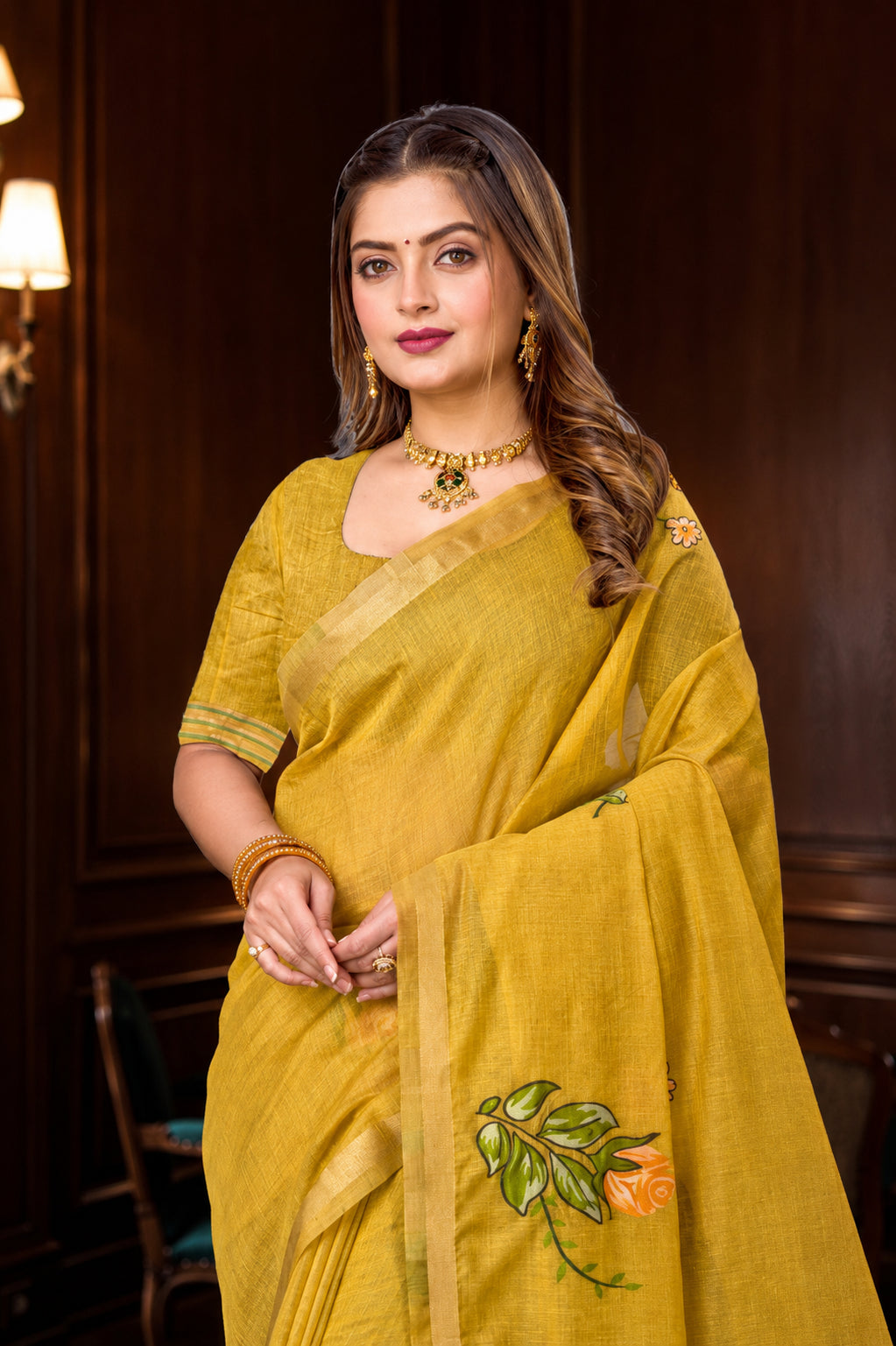 Sangam Prints Haldi Yellow Cotton Blend Woven Work Traditional Saree