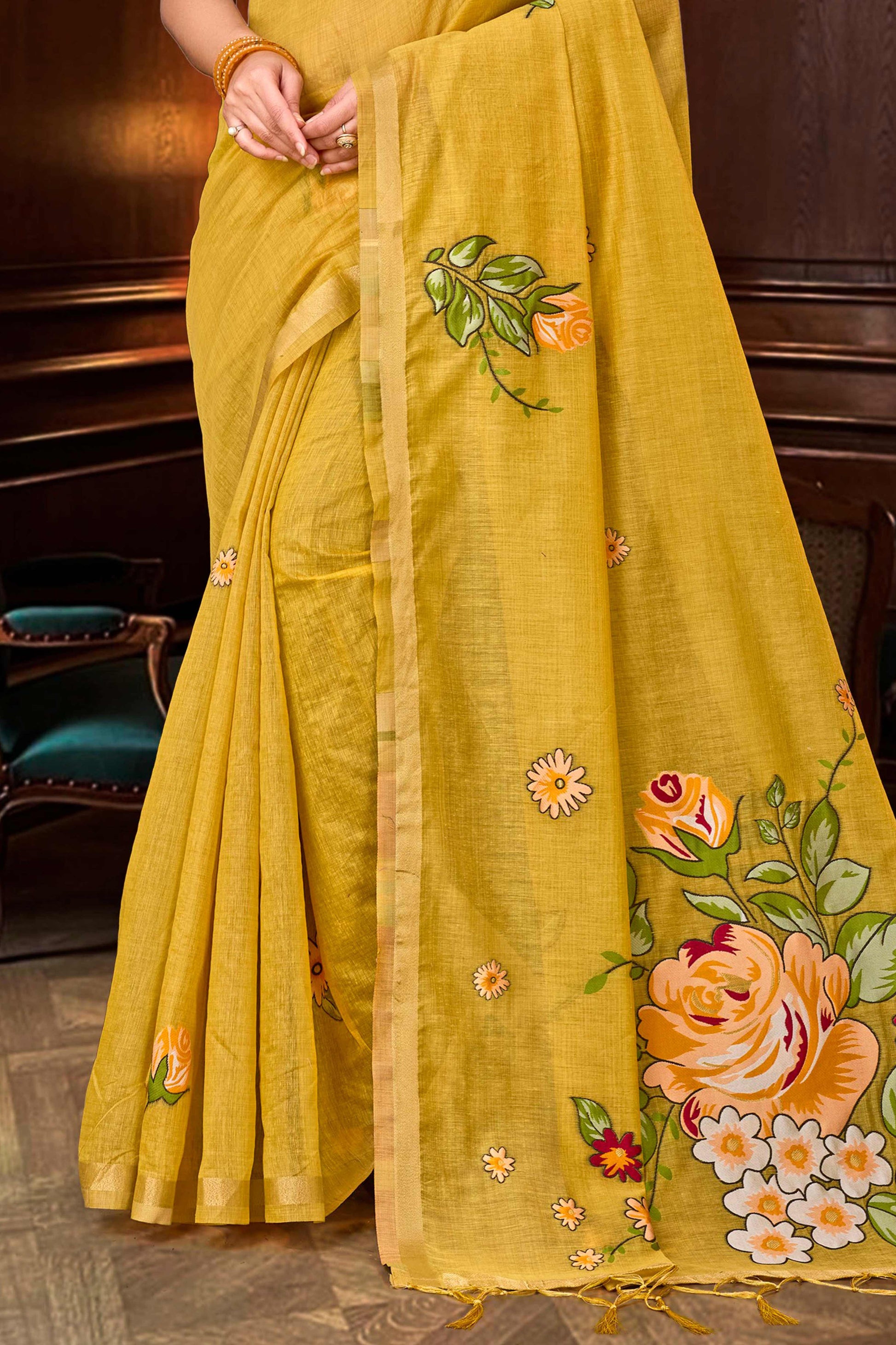 Sangam Prints Haldi Yellow Cotton Blend Woven Work Traditional Saree