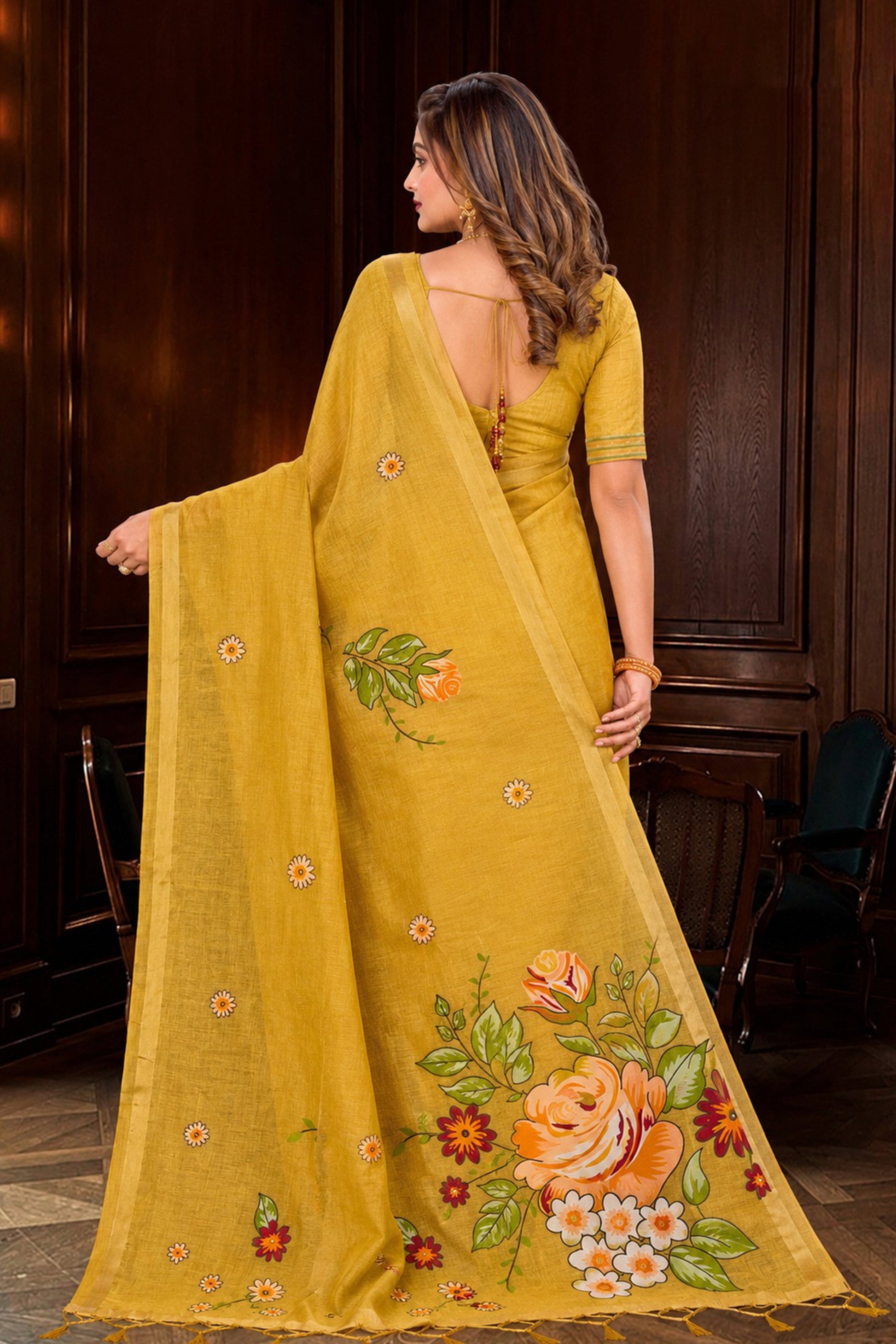 Sangam Prints Haldi Yellow Cotton Blend Woven Work Traditional Saree