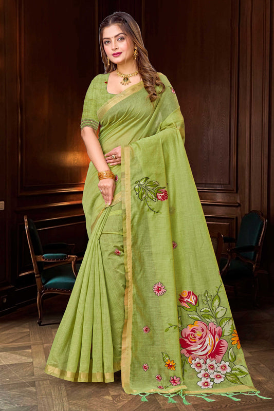 Sangam Prints Green Cotton Blend Woven Work Traditional Saree