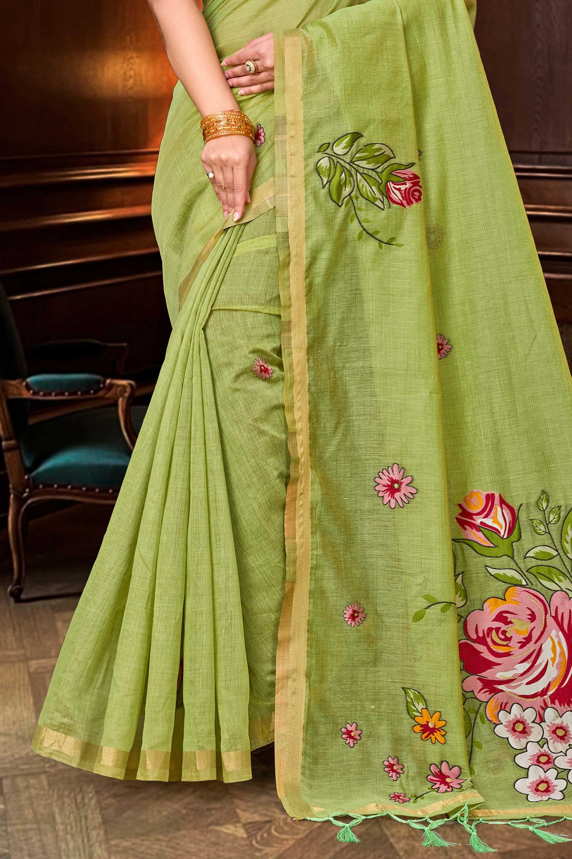 Sangam Prints Green Cotton Blend Woven Work Traditional Saree