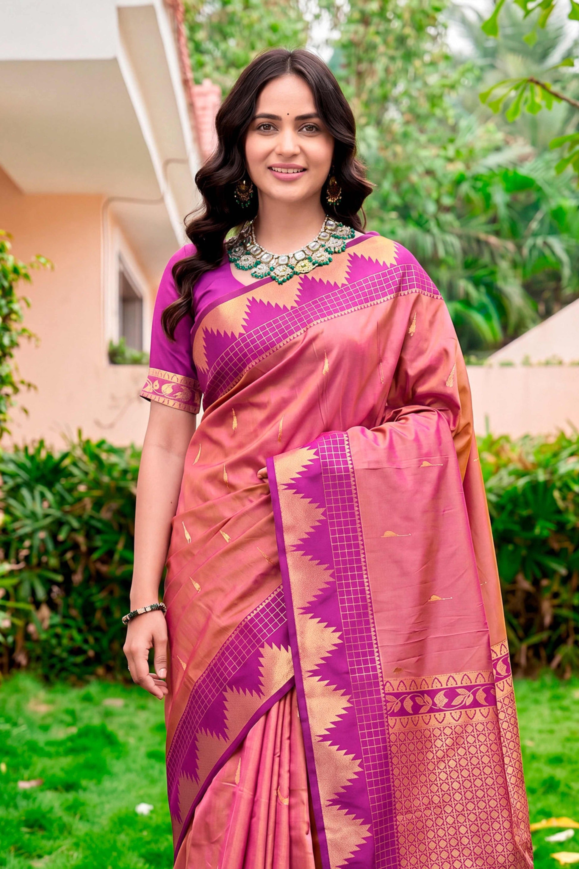 Sangam Prints Rose Pink Silk Woven Work Traditional Saree