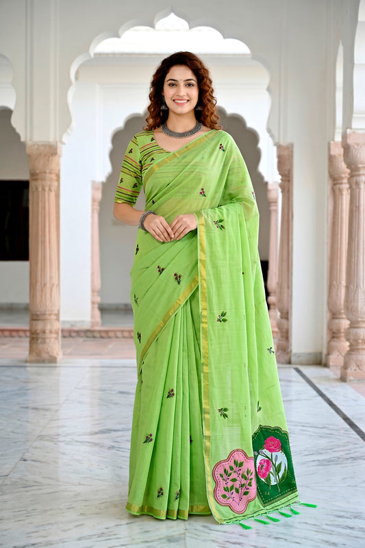 Sangam Prints Parrot Green Cotton Blend Woven Work Traditional Saree
