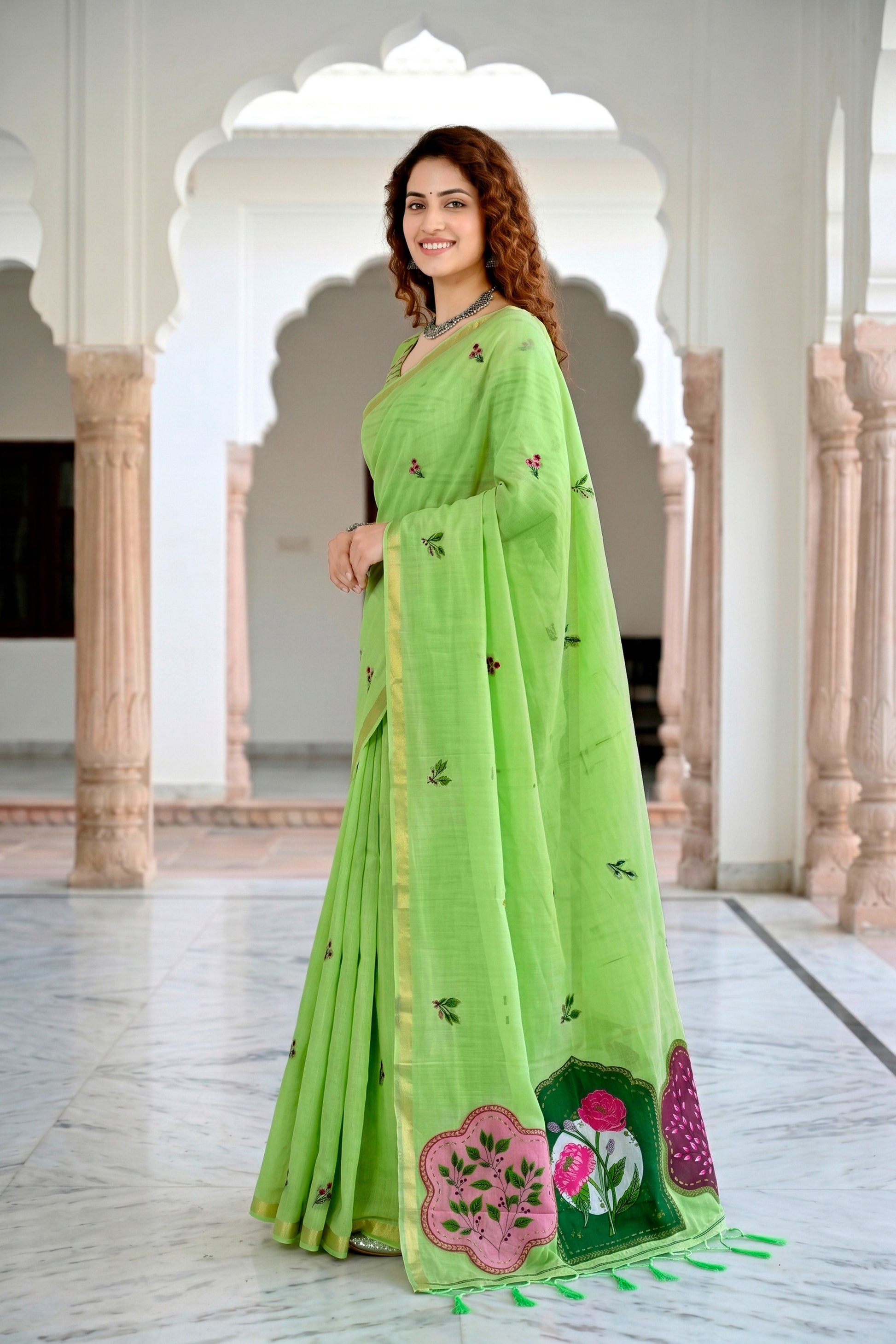 Sangam Prints Parrot Green Cotton Blend Woven Work Traditional Saree