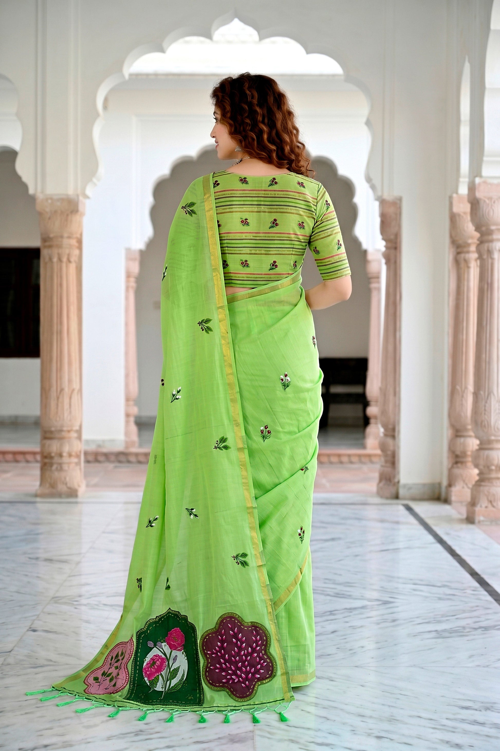 Sangam Prints Parrot Green Cotton Blend Woven Work Traditional Saree