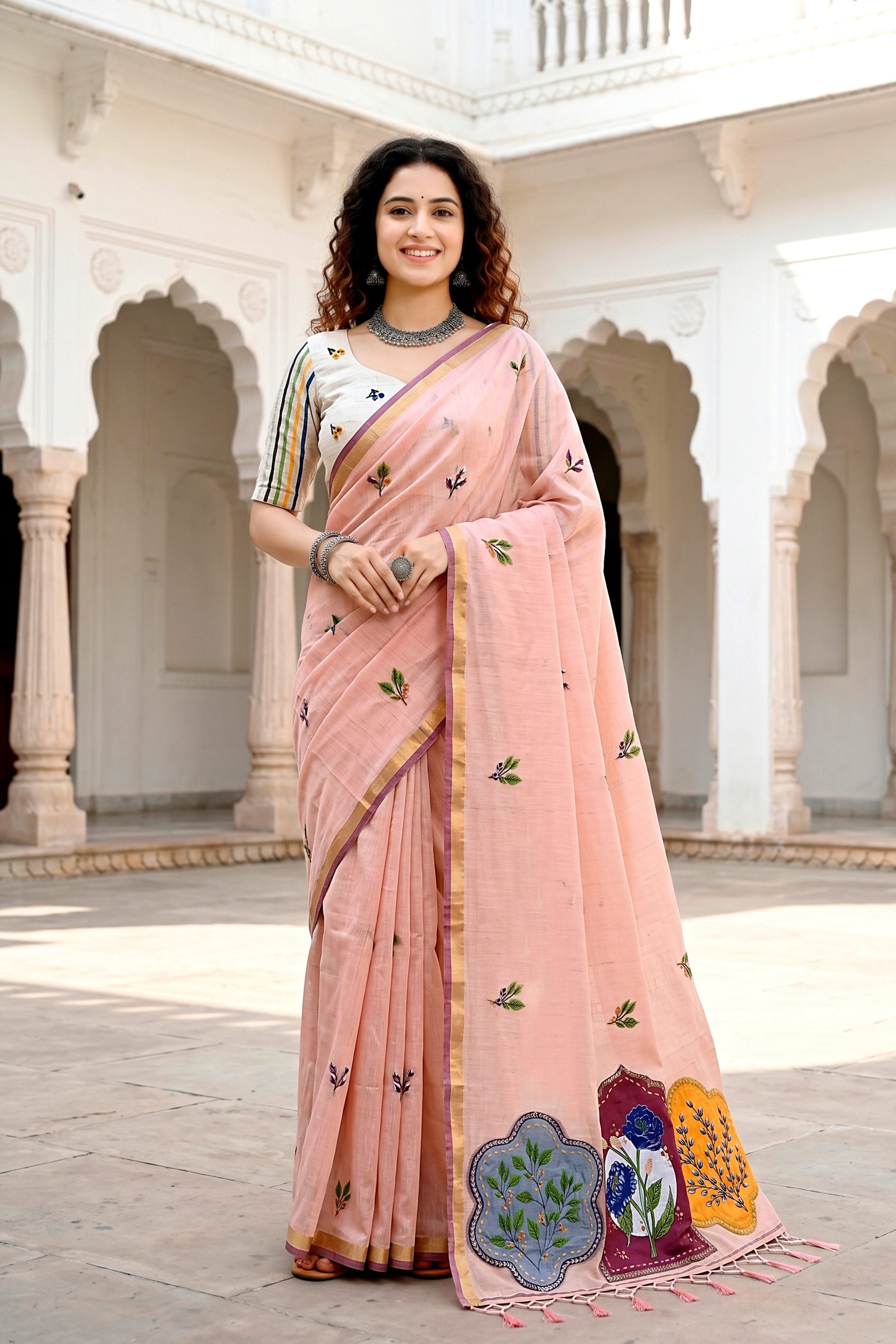 Sangam Prints Peach Cotton Blend Woven Work Traditional Saree