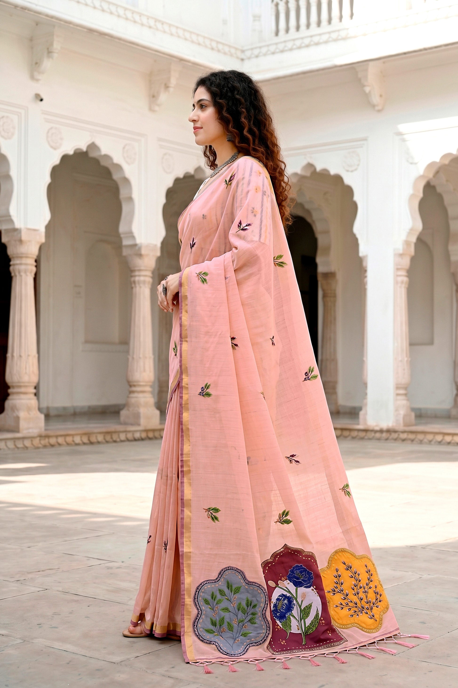 Sangam Prints Peach Cotton Blend Woven Work Traditional Saree
