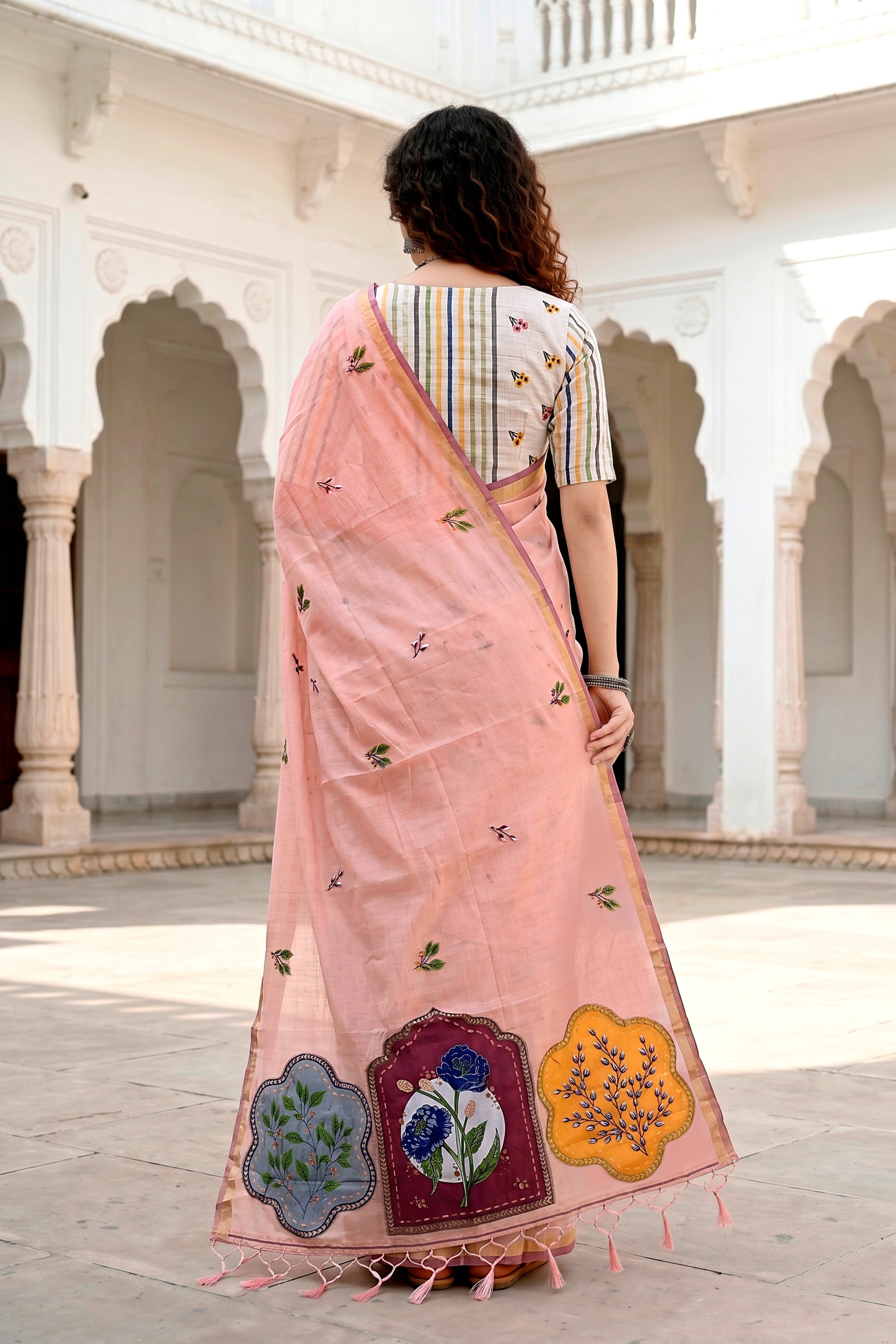 Sangam Prints Peach Cotton Blend Woven Work Traditional Saree
