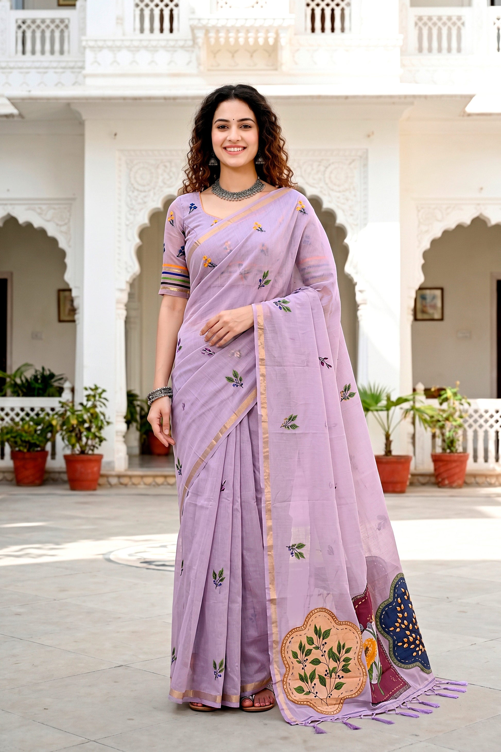 Sangam Prints Lavender Cotton Blend Woven Work Traditional Saree