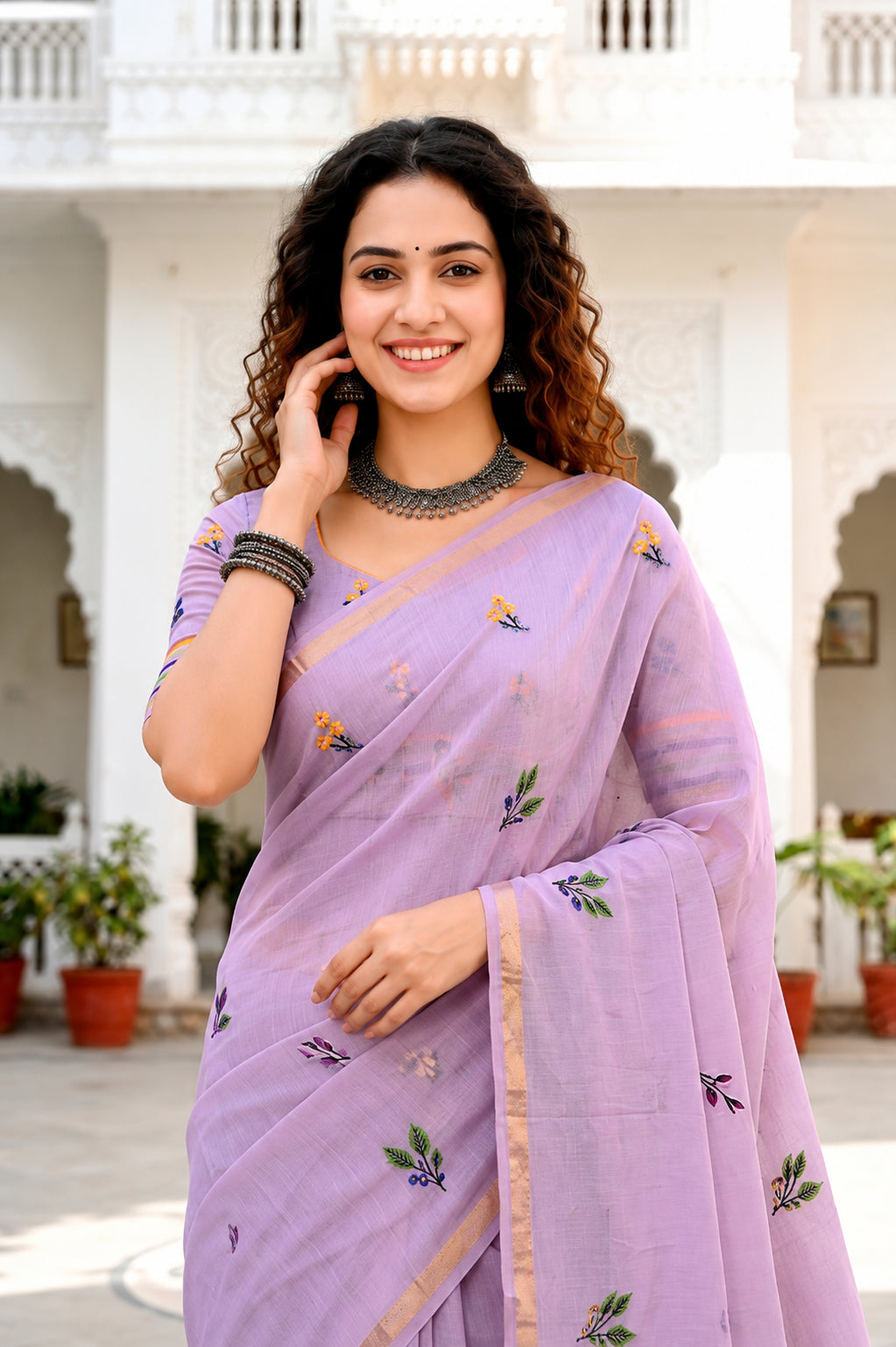 Sangam Prints Lavender Cotton Blend Woven Work Traditional Saree