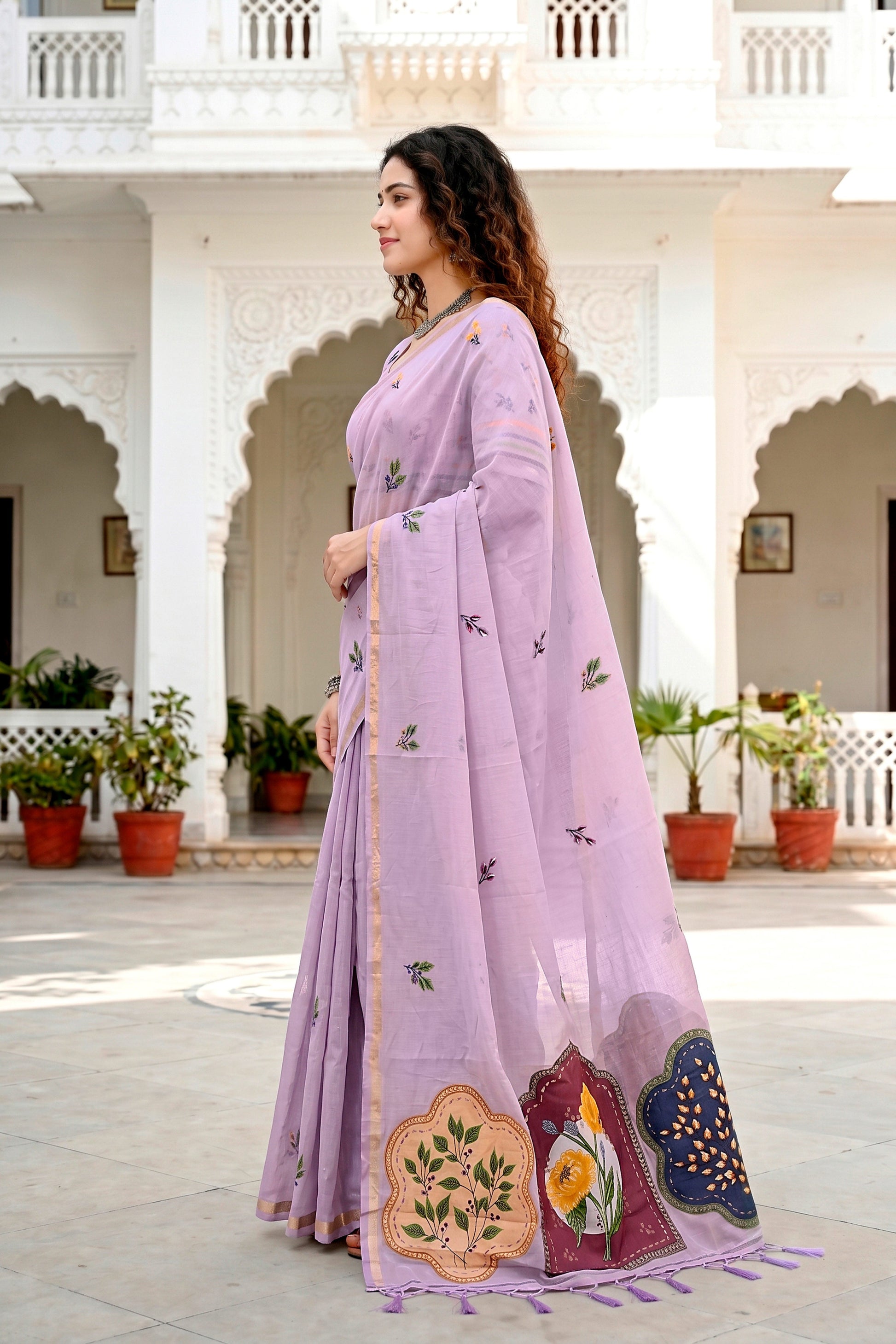 Sangam Prints Lavender Cotton Blend Woven Work Traditional Saree