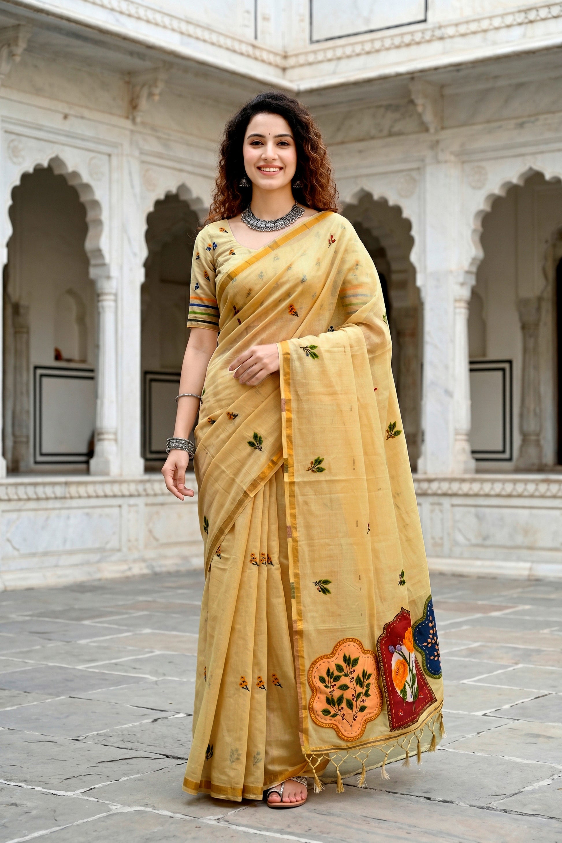 Sangam Prints Mustard Yellow Cotton Blend Woven Work Traditional Saree