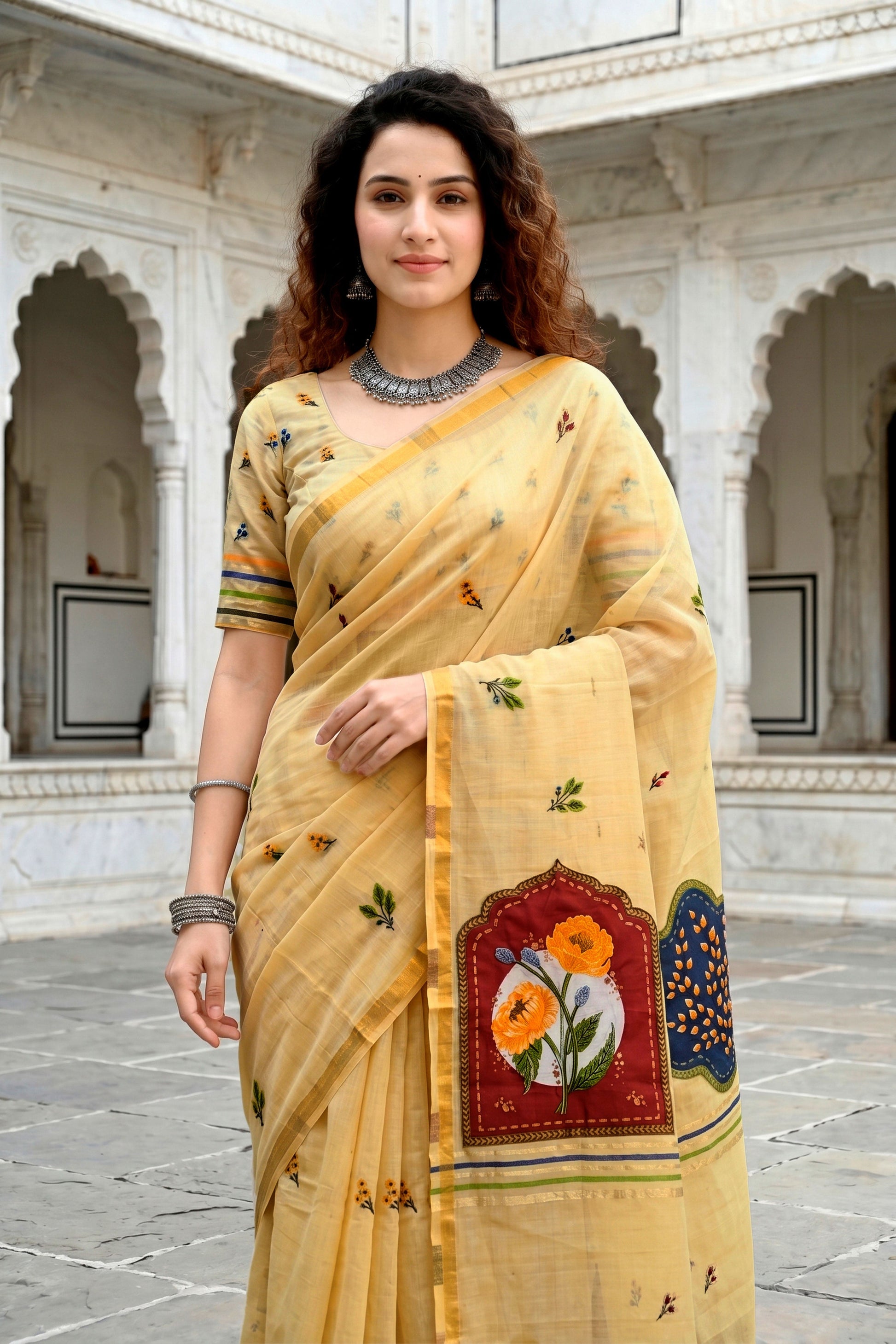 Sangam Prints Mustard Yellow Cotton Blend Woven Work Traditional Saree