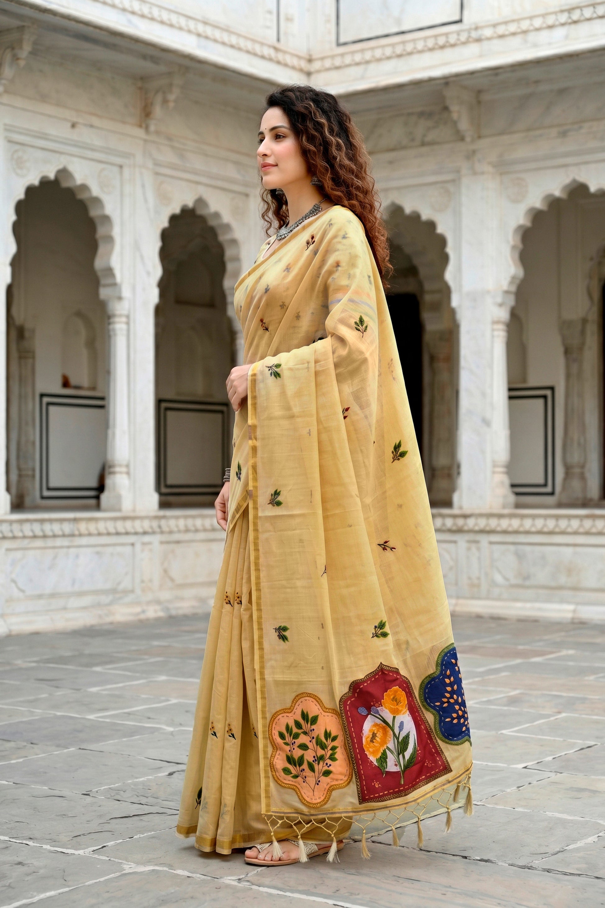 Sangam Prints Mustard Yellow Cotton Blend Woven Work Traditional Saree