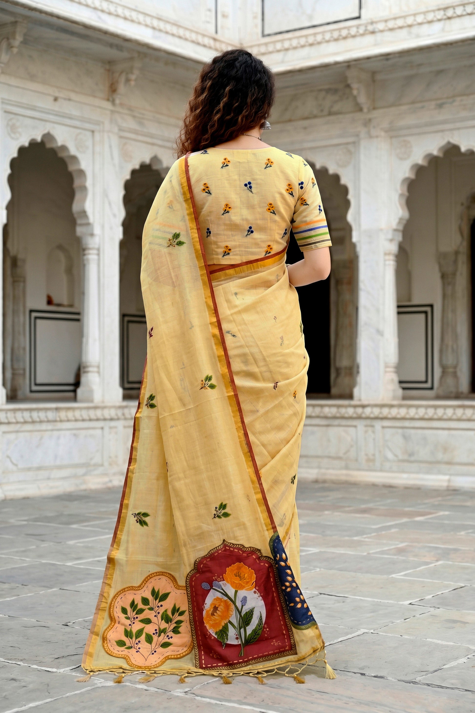 Sangam Prints Mustard Yellow Cotton Blend Woven Work Traditional Saree
