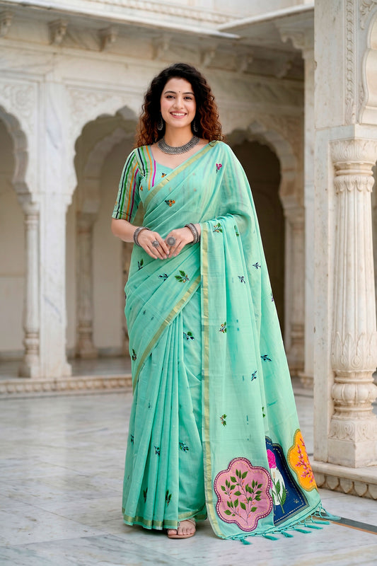 Sangam Prints Aqua Green Cotton Blend Woven Work Traditional Saree