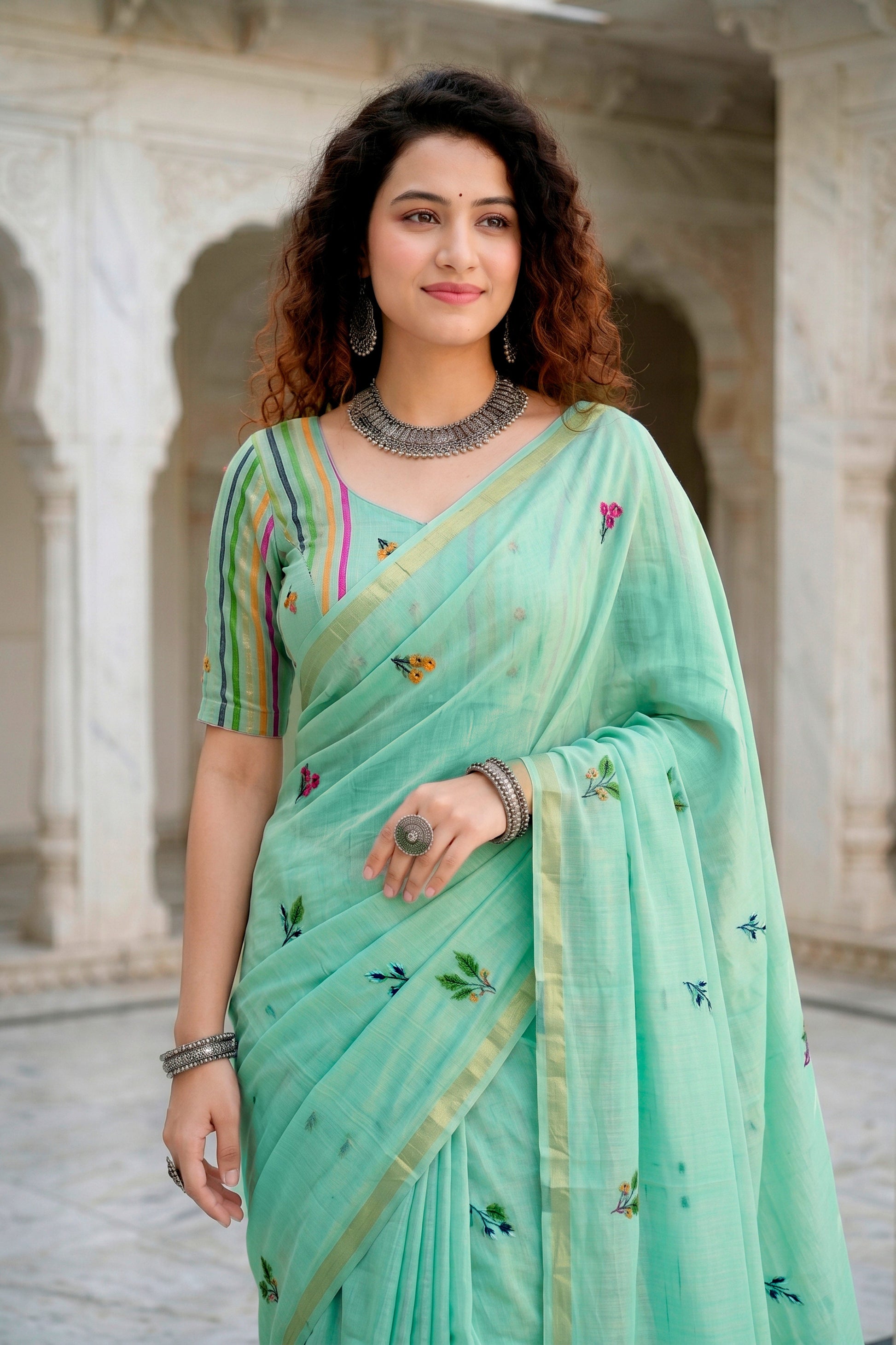 Sangam Prints Aqua Green Cotton Blend Woven Work Traditional Saree