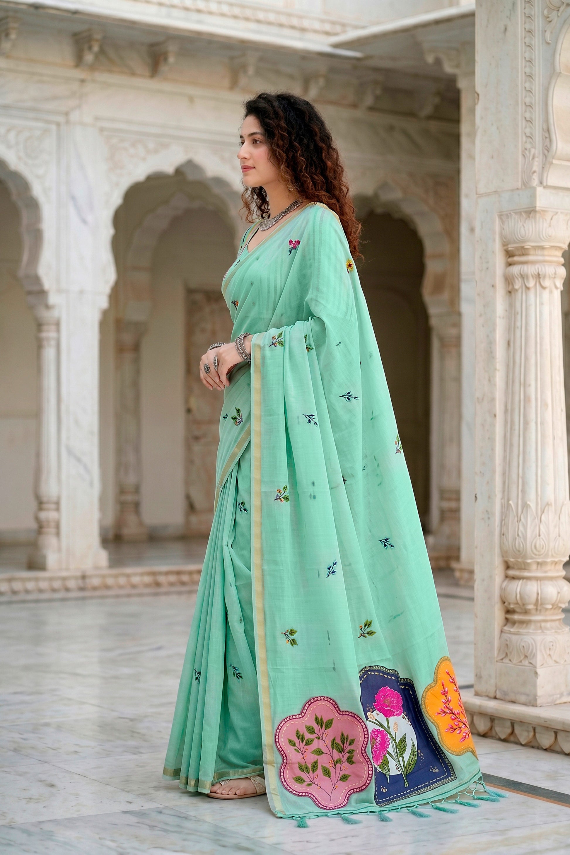 Sangam Prints Aqua Green Cotton Blend Woven Work Traditional Saree