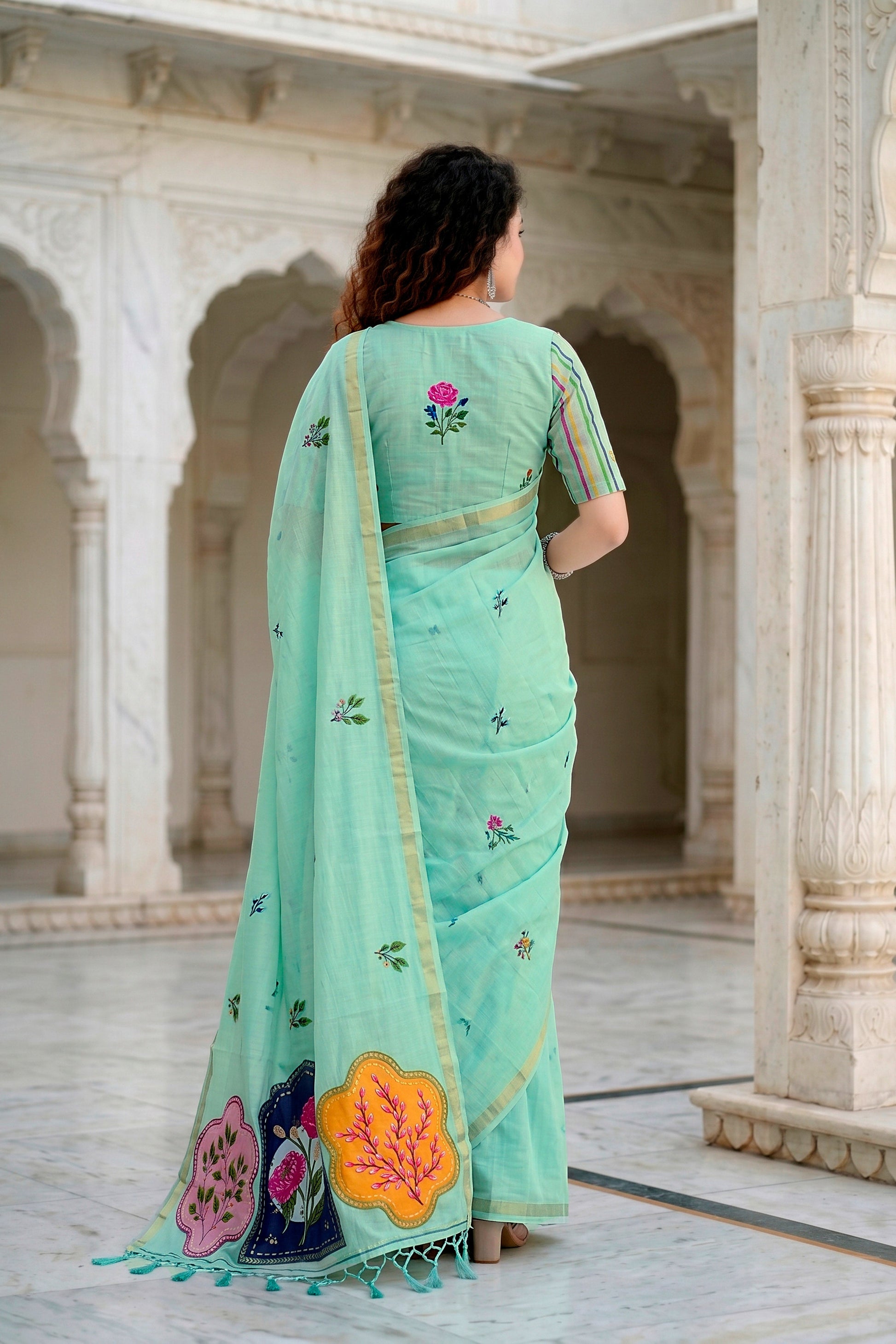 Sangam Prints Aqua Green Cotton Blend Woven Work Traditional Saree