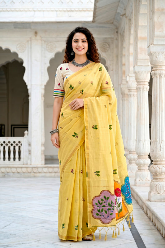 Sangam Prints Lemon Yellow Cotton Blend Woven Work Traditional Saree
