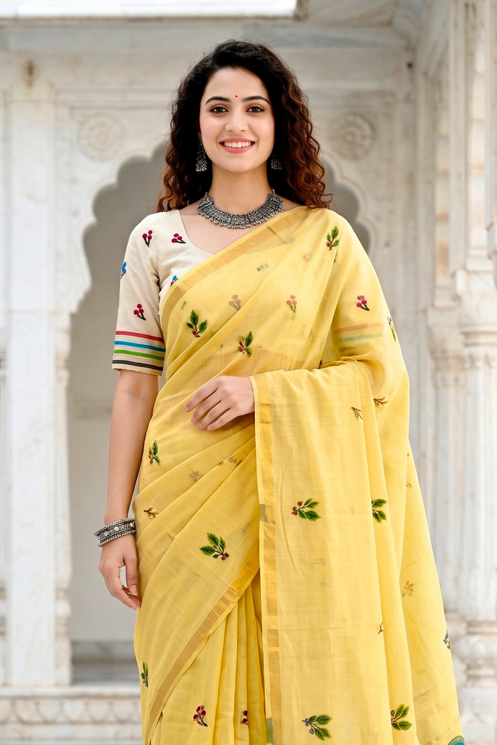 Sangam Prints Lemon Yellow Cotton Blend Woven Work Traditional Saree