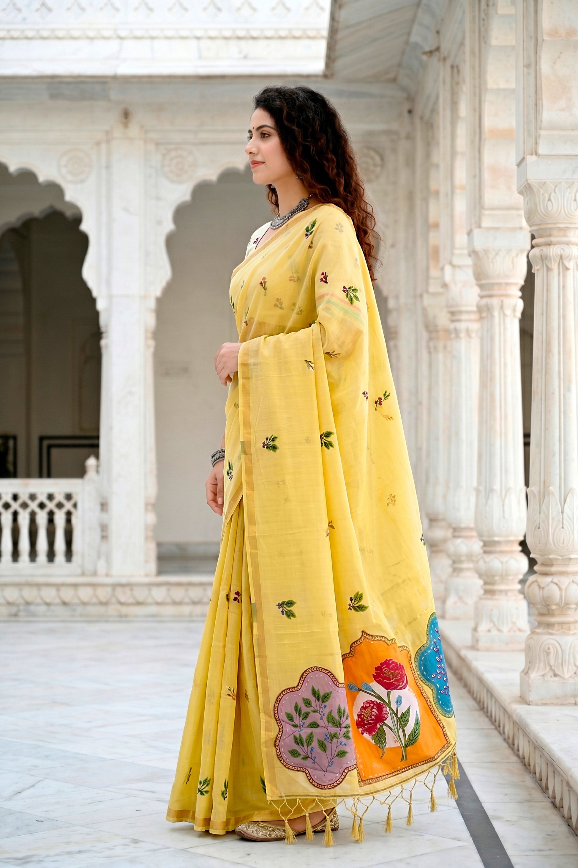 Sangam Prints Lemon Yellow Cotton Blend Woven Work Traditional Saree