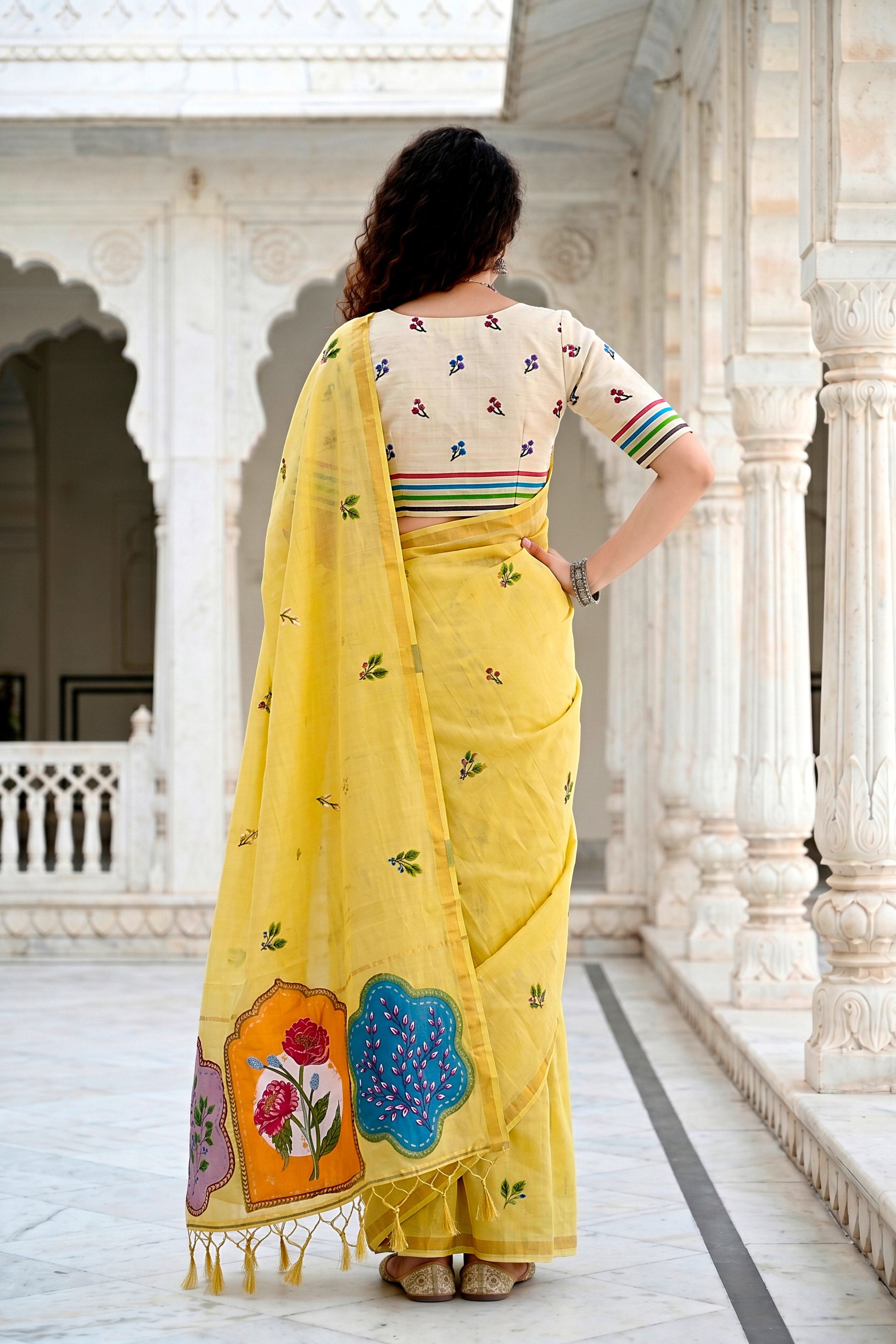 Sangam Prints Lemon Yellow Cotton Blend Woven Work Traditional Saree