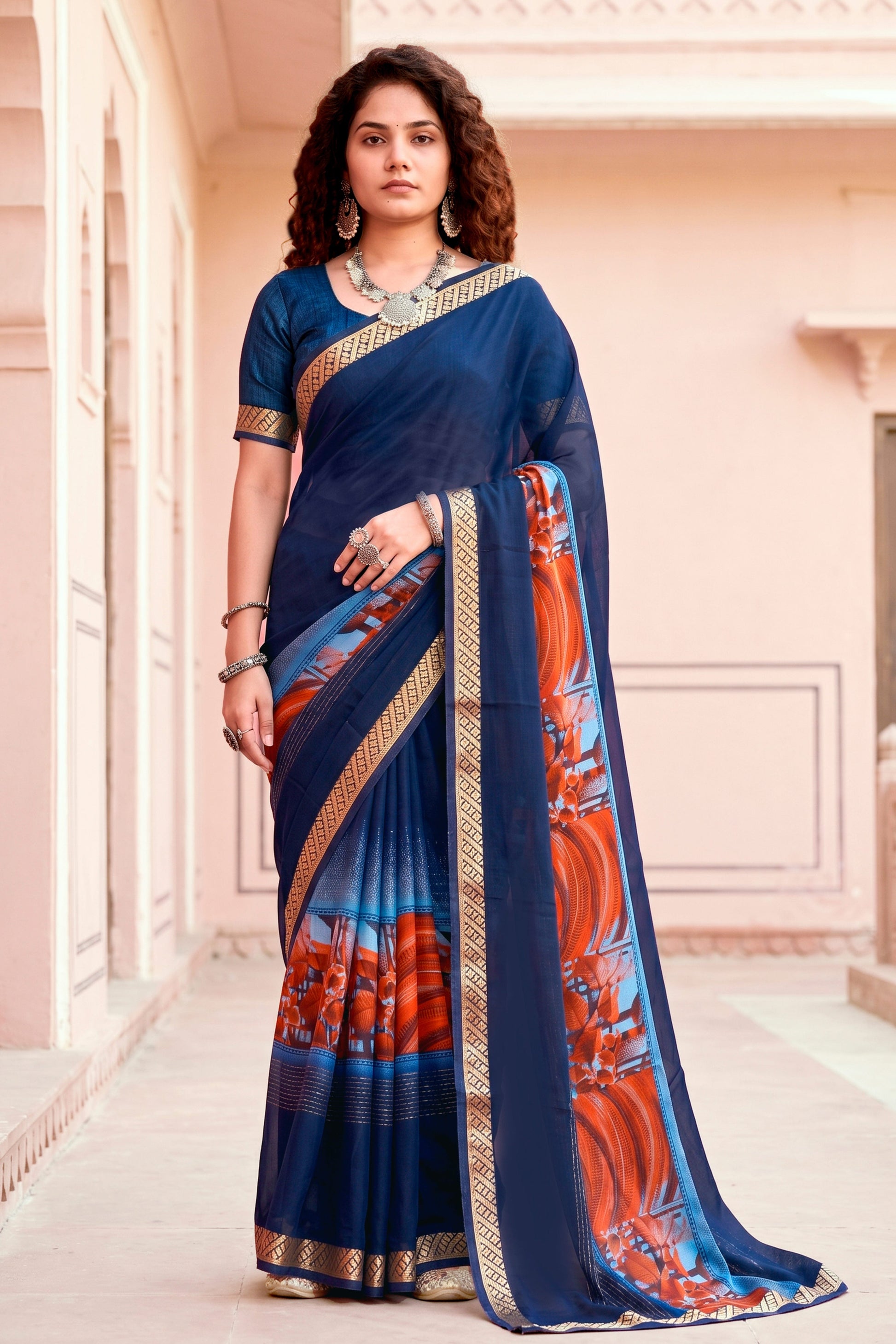 Sangam Prints Navy Blue Cotton Blend Woven Work Traditional Saree