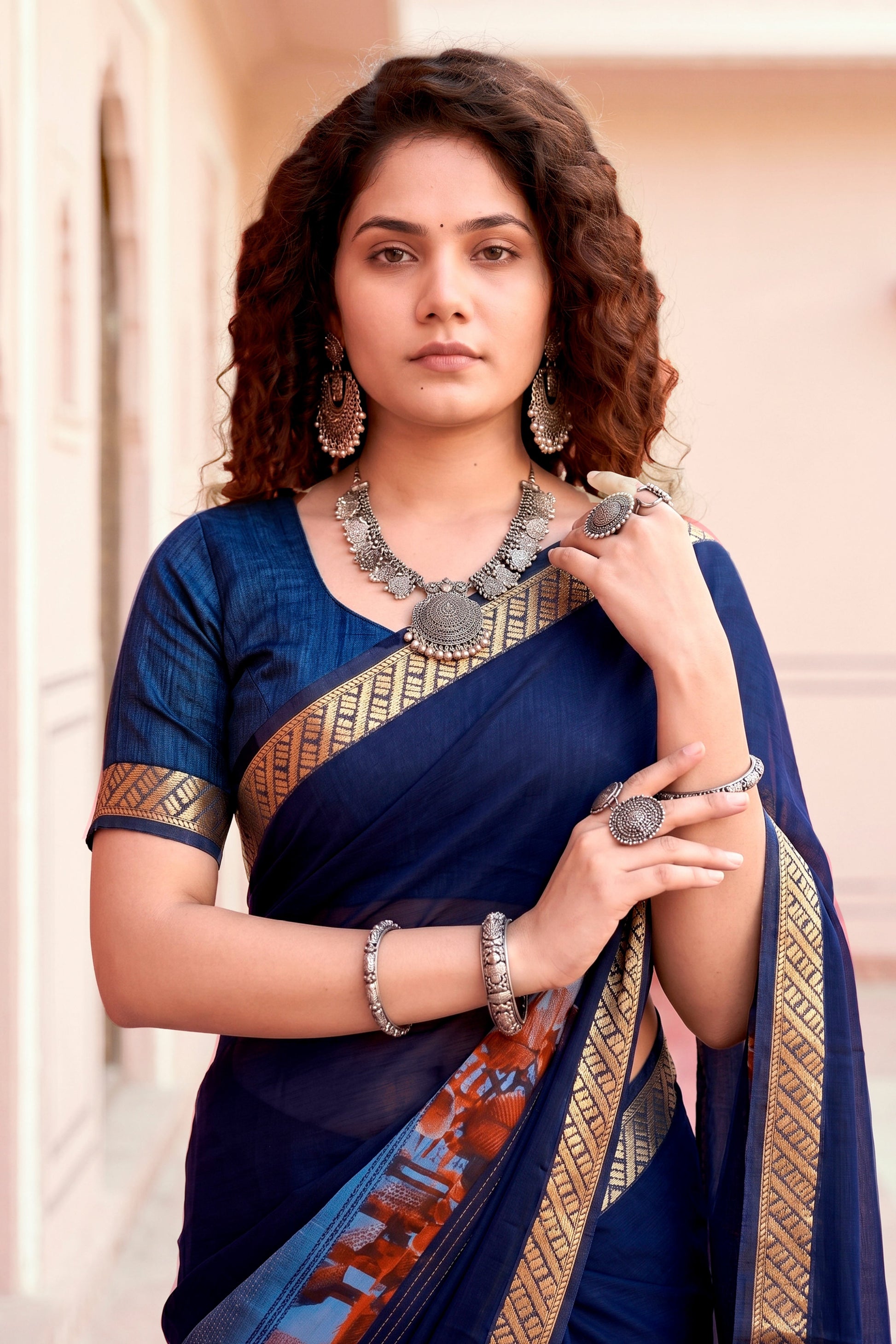Sangam Prints Navy Blue Cotton Blend Woven Work Traditional Saree