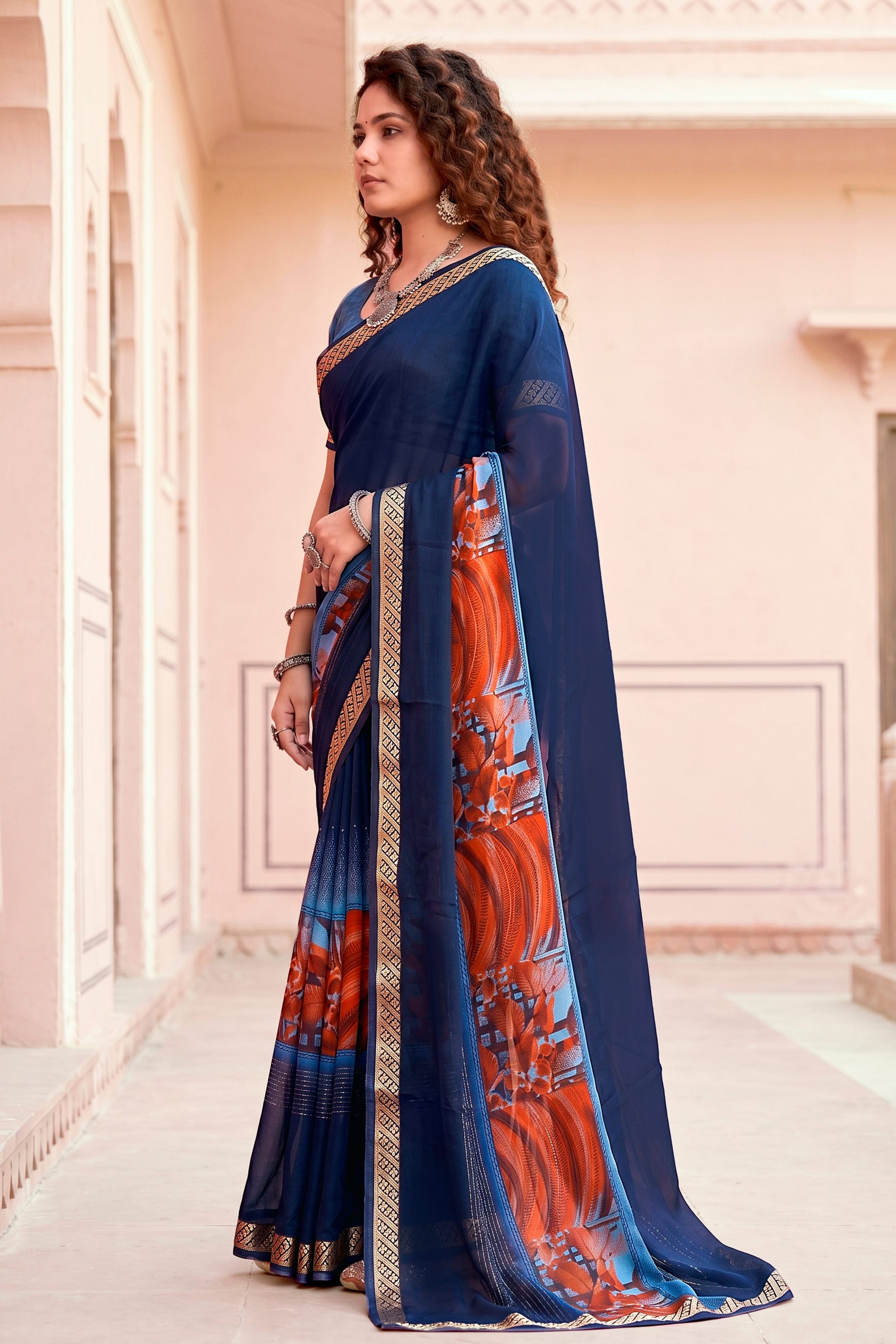 Sangam Prints Navy Blue Cotton Blend Woven Work Traditional Saree