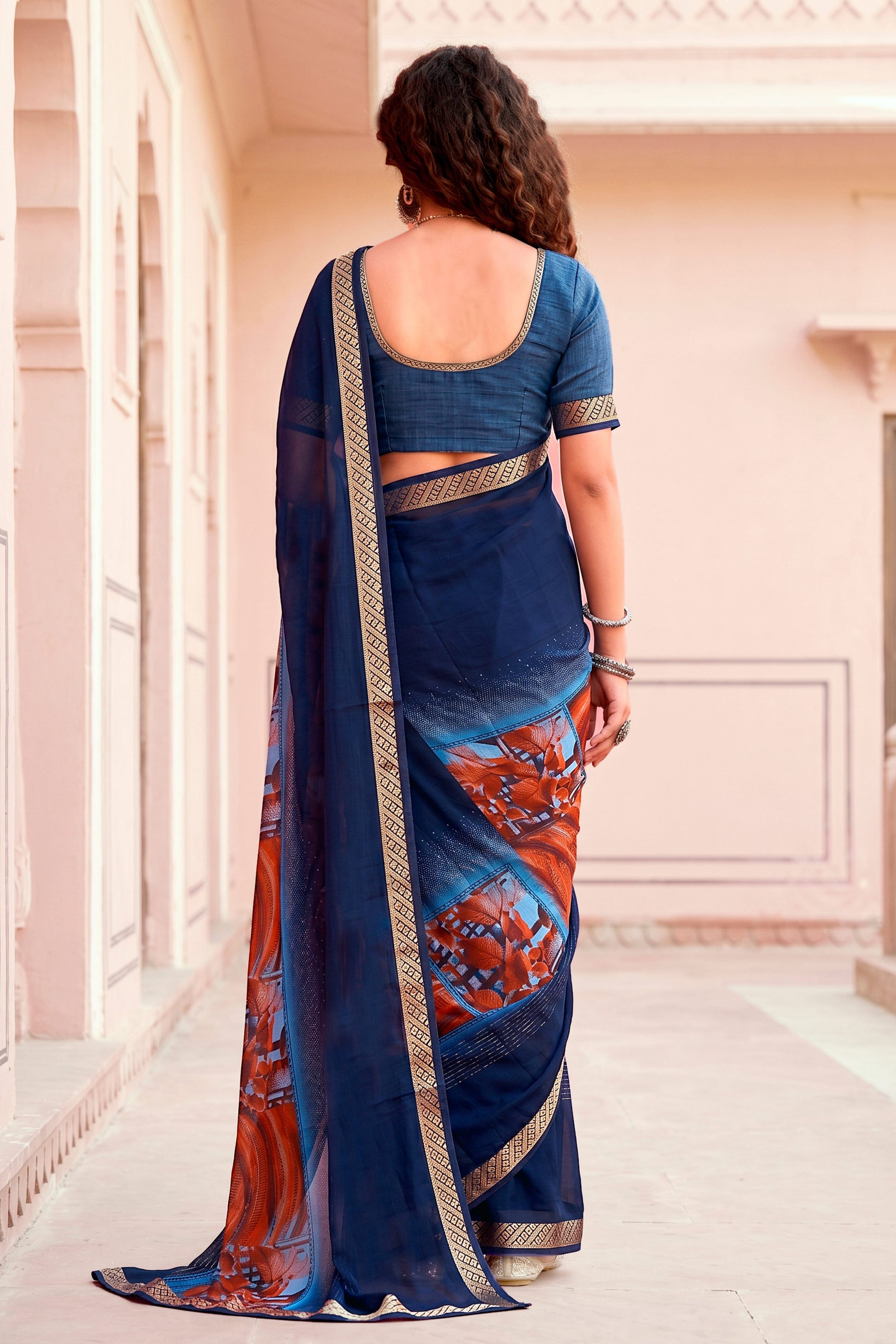 Sangam Prints Navy Blue Cotton Blend Woven Work Traditional Saree
