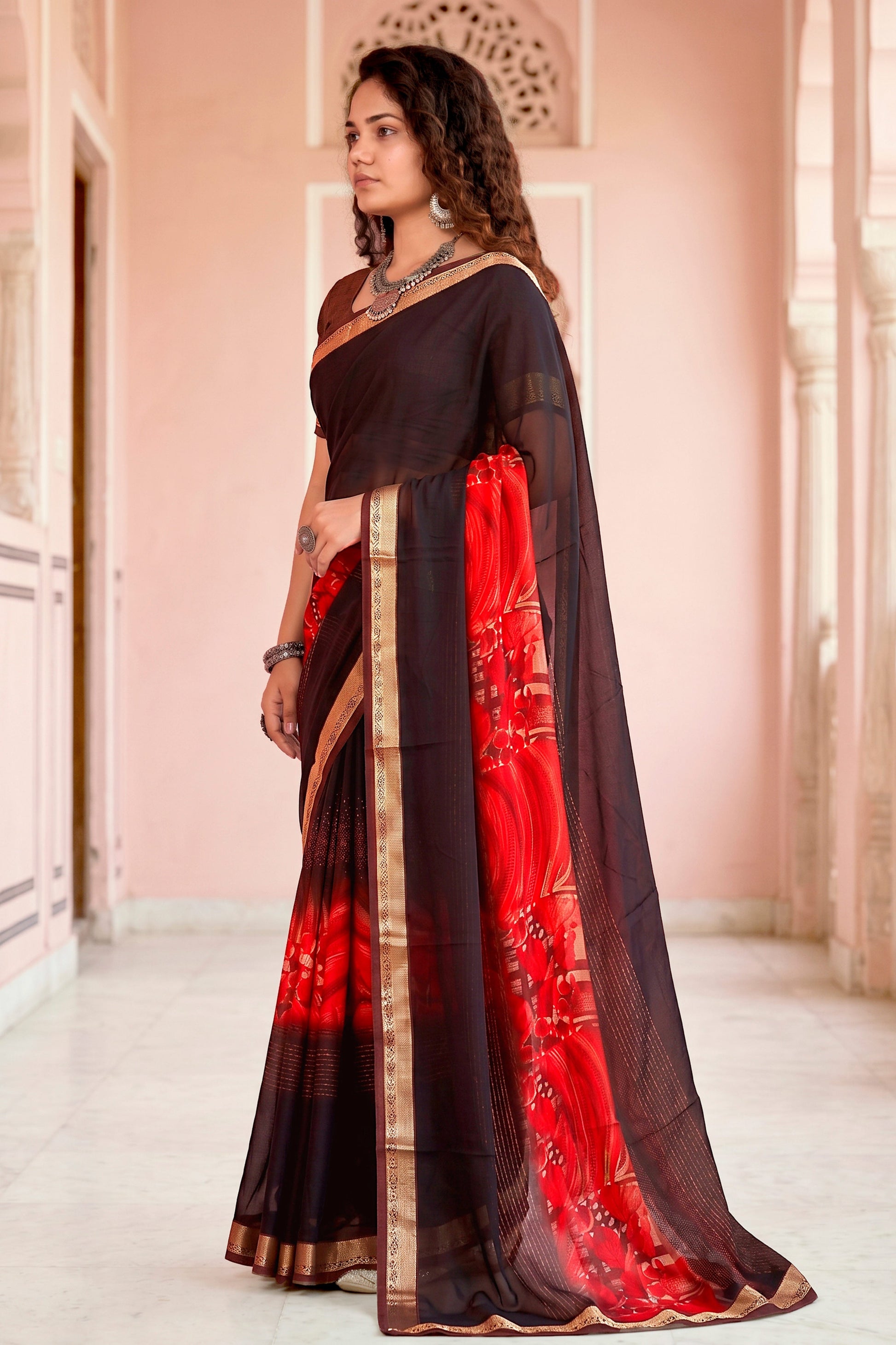 Sangam Prints Chocolate Brown Cotton Blend Woven Work Traditional Saree